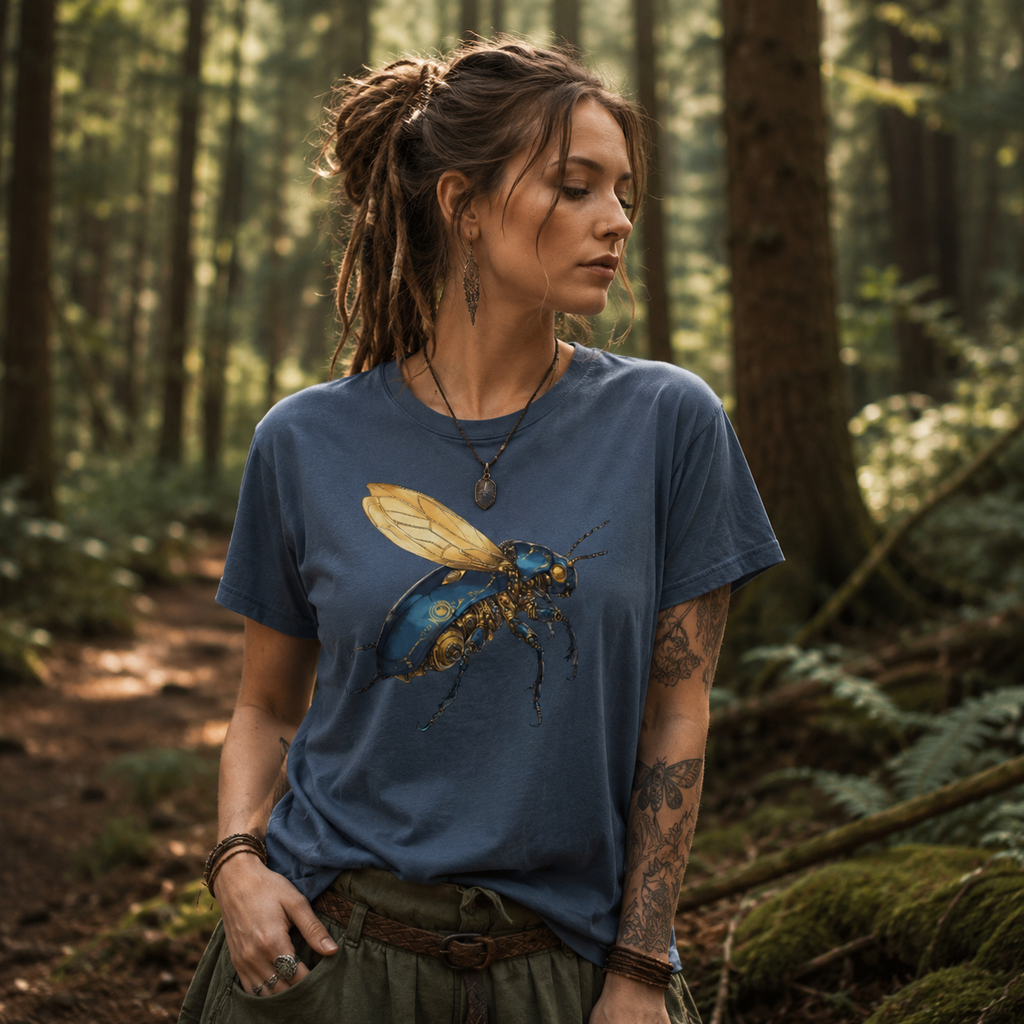 steampunk insect t-shirt, mechanical beetle shirt, robotic bug tee, cyber insect t-shirt, blue beetle graphic shirt, mechanical insect artwork, steampunk beetle design, futuristic insect tee, clockwork bug shirt, brass insect t-shirt, blue and gold graphic tee, entomology shirt, insect lover t-shirt, nature inspired clothing, eco style t-shirt, alternative women’s shirt, alternative men’s t-shirt, unisex graphic tee, blue graphic t-shirt, front print shirt, detailed insect artwork, industrial fantasy clothi