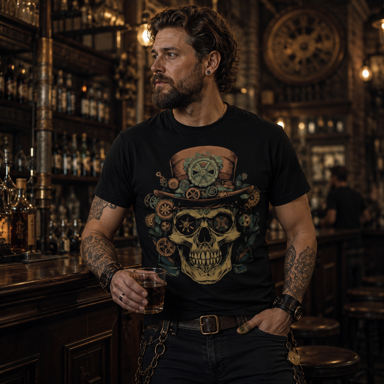 steampunk skull t-shirt, mechanical skull shirt, clockwork skull graphic tee, top hat skull t-shirt, vintage gear skull design, industrial gothic shirt, alternative men’s fashion, steampunk bar outfit, gothic pub style, copper gear t-shirt, Victorian machinery shirt, dark fantasy graphic tee, black skull t-shirt men, steampunk gentleman shirt, retro industrial clothing, mechanical top hat design, gear and cog shirt, alternative bar outfit, gothic streetwear men, unique skull graphic shirt, steampunk fashion