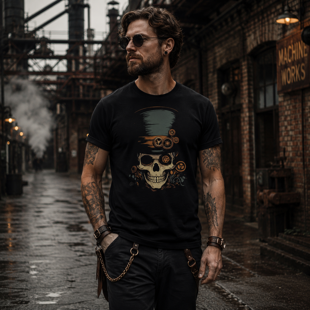 steampunk skull t-shirt, top hat skull shirt, mechanical skull graphic tee, clockwork skull t-shirt, industrial gothic shirt, vintage steampunk clothing, alternative men’s t-shirt, gothic skull apparel, gear and cog design, Victorian industrial fashion, retro machinery graphic tee, dark fantasy t-shirt, urban steampunk outfit, realistic steampunk fashion, black graphic shirt men, edgy alternative streetwear, industrial district style, steampunk gentleman shirt, gothic streetwear men, unique skull t-shirt, g