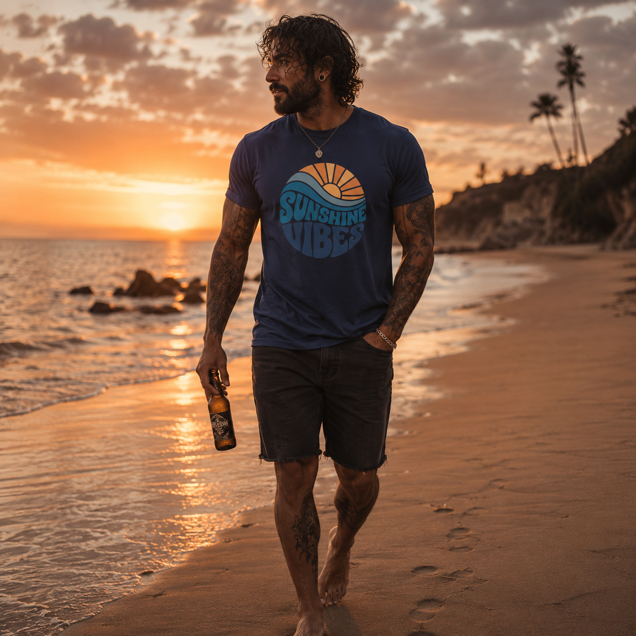 sunshine vibes shirt, beach sunset t-shirt, retro summer graphic tee, coastal lifestyle shirt, sunset beach outfit, men’s summer shirt, alternative beach fashion, ocean lover t-shirt, barefoot beach walk shirt, vacation graphic tee, tropical sunset apparel, beach beer shirt, muscular men’s casual tee, navy summer t-shirt, retro wave graphic shirt, seaside lifestyle clothing, summer holiday outfit, sunshine lover gift, coastal streetwear, Merloan summer shirt