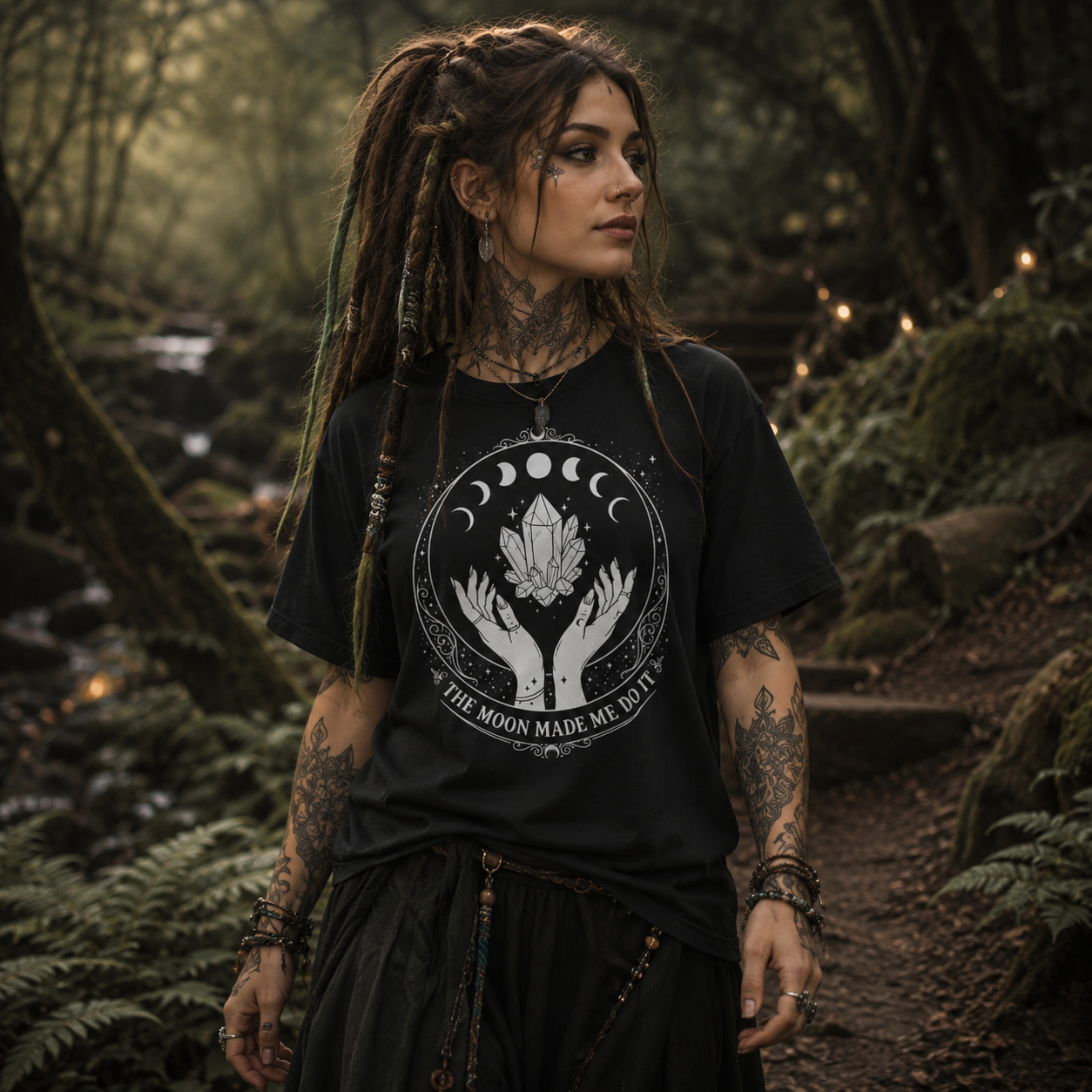 the moon made me do it shirt, witchy crystal t-shirt, moon phase graphic tee, celestial witch shirt, crystal lover t-shirt, mystical women’s clothing, witchcraft aesthetic shirt, gothic boho fashion, alternative women’s t-shirt, nature witch outfit, dreadlock witch style, enchanted forest shirt, spiritual crystal apparel, occult inspired tee, black witchy graphic shirt, moon and stars clothing, pagan aesthetic t-shirt, mystical forest fashion, witchy gift for women, Merloan witchcraft shirt