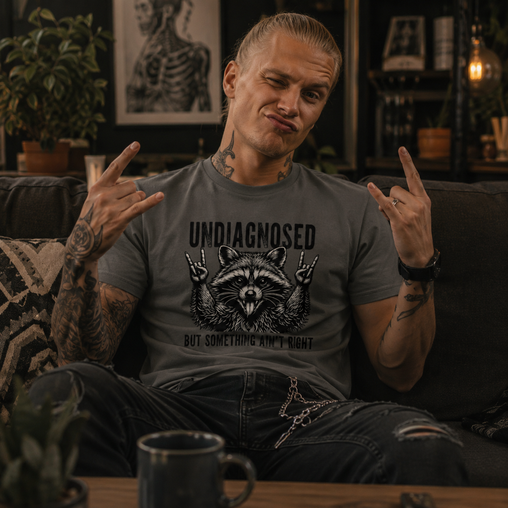 undiagnosed raccoon t-shirt, something ain’t right shirt, funny raccoon graphic tee, chaotic humor t-shirt, alternative men’s fashion, hipster graphic shirt, sarcastic animal tee, rock hand raccoon shirt, edgy streetwear t-shirt, dark humor clothing, grunge raccoon tee, meme face outfit, funny statement shirt, rebellious animal graphic, vintage washed t-shirt, alternative couch style, unisex raccoon shirt, quirky men’s graphic tee, chaotic energy shirt, rock and roll raccoon tee