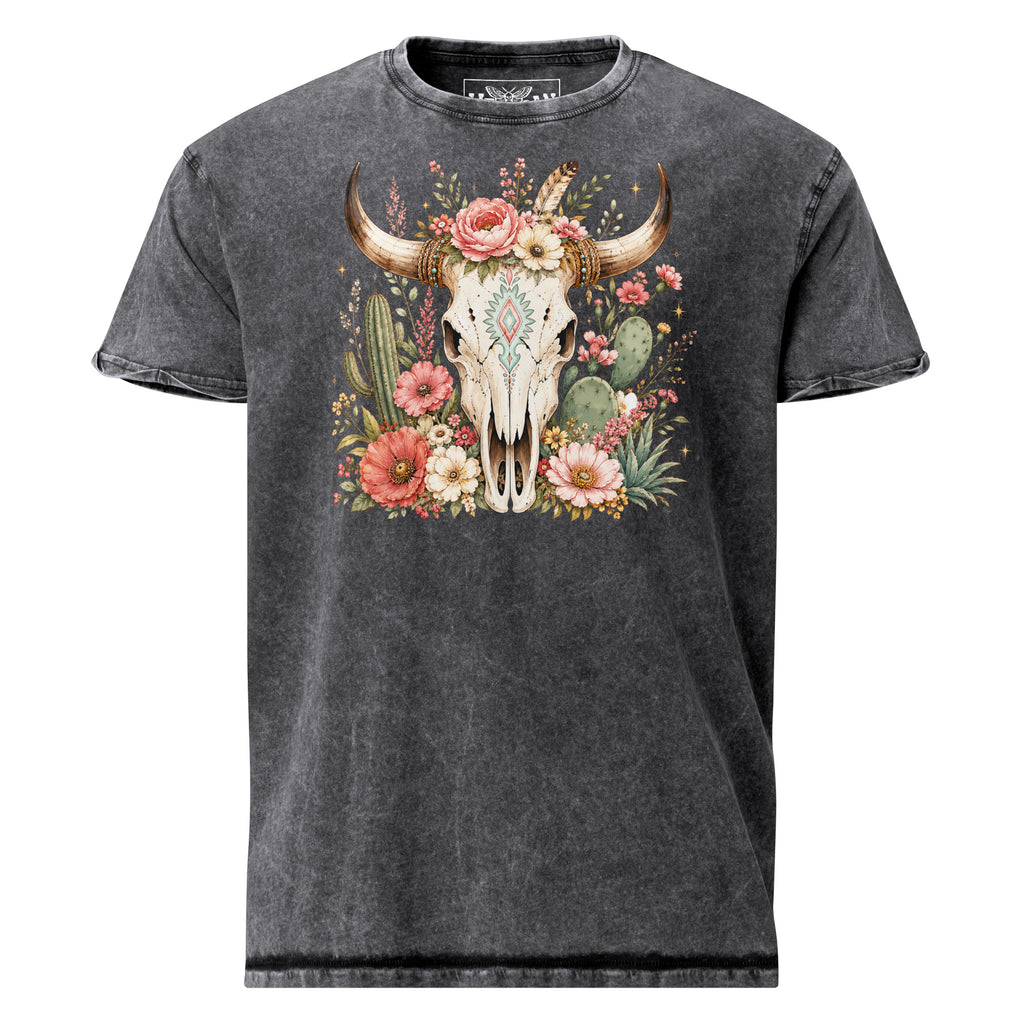 floral cow skull t-shirt, boho bull skull shirt, western floral graphic tee, acid wash graphic t-shirt, cactus flower shirt, cow skull and flowers tee, alternative women’s fashion, rock style women’s shirt, country rock fashion, boho western clothing, black washed t-shirt women, tied shirt outfit, pasture fashion shoot, nature lifestyle shirt, floral western apparel, ranch style graphic tee, bohemian skull design, cactus lover shirt, cowgirl inspired outfit, alternative country style, vintage washed tee, sk