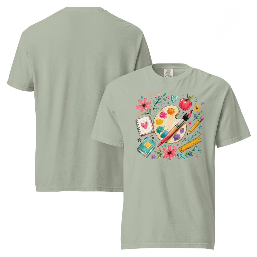 crafting art teacher shirt, art teacher t-shirt, crafting teacher tee, school tools shirt, teacher graphic tee, creative classroom shirt, art lover t-shirt, craft lover tee, teacher gift shirt, colorful teacher shirt, school supplies tee, creative educator shirt, heavyweight cotton t-shirt, garment-dyed tee, relaxed fit teacher shirt