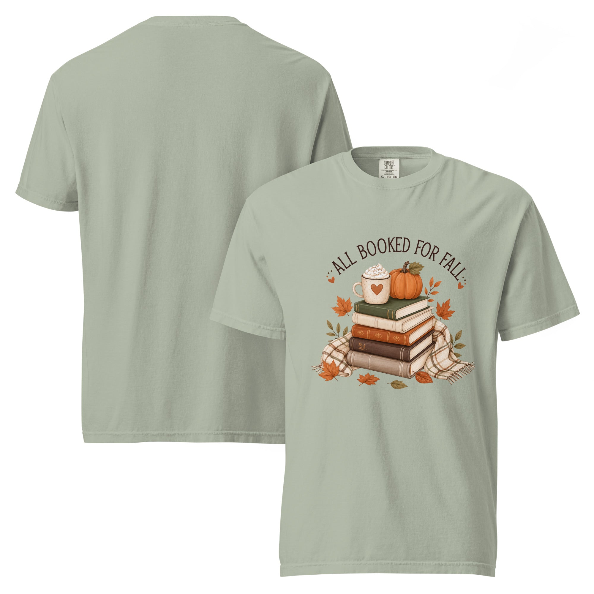 all booked for fall shirt, bookish autumn t-shirt, fall reading shirt, book lover fall tee, autumn reader shirt, cozy bookworm t-shirt, seasonal book shirt, fall graphic tee, reading season shirt, book club autumn tee, cozy fall outfit, pumpkin spice reading shirt, heavyweight cotton t-shirt, garment-dyed tee, relaxed fit bookish shirt