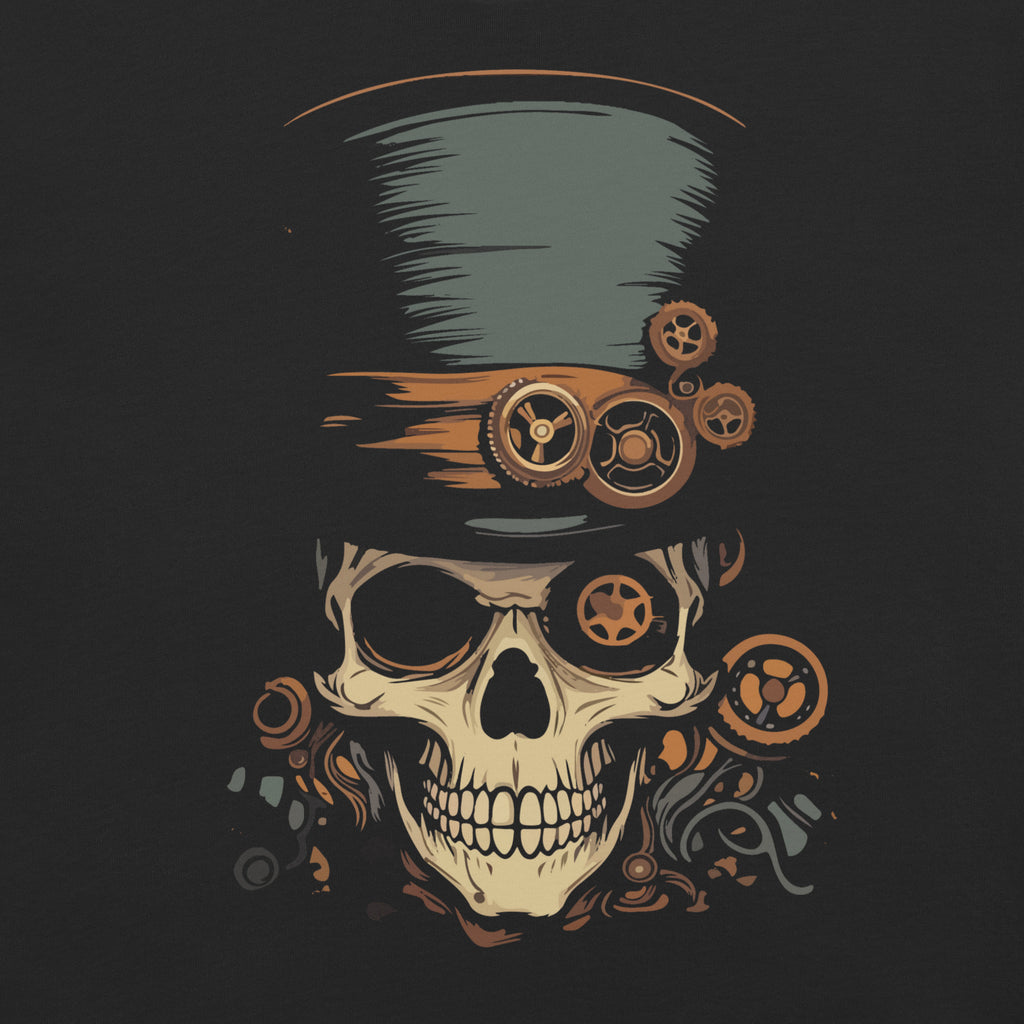 steampunk skull t-shirt, skull top hat shirt, mechanical skull tee, gothic steampunk clothing, industrial style t-shirt, vintage gear skull shirt, alternative men’s fashion, dark steampunk outfit, Victorian skull graphic tee, clockwork skull design, urban industrial clothing, gothic graphic t-shirt, retro machinery shirt, edgy men’s streetwear, black skull t-shirt, steampunk gentleman style, gear and cog shirt, dystopian fashion, alternative street style, industrial district outfit, realistic steampunk fash