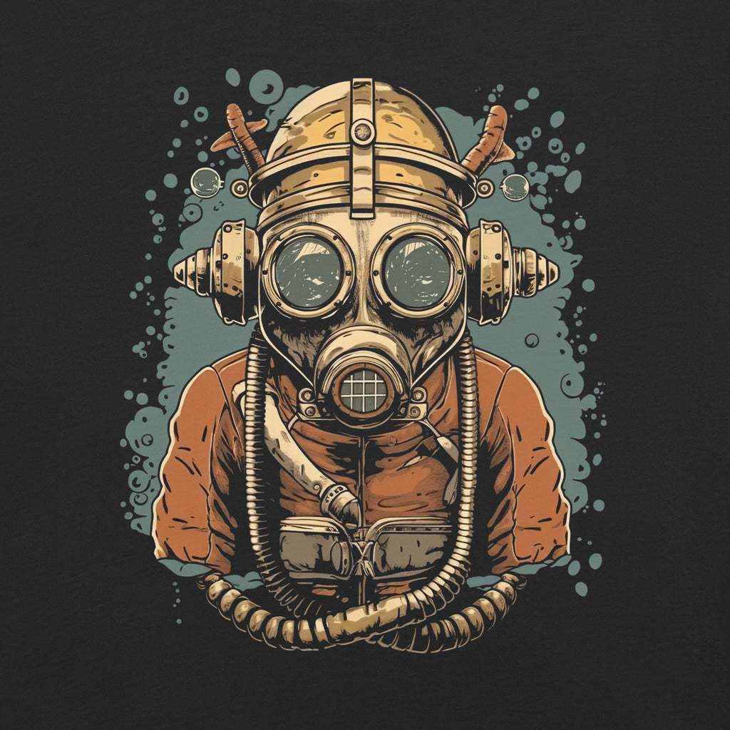 steampunk diver t-shirt, vintage diving helmet shirt, deep sea explorer tee, retro scuba graphic shirt, underwater adventure t-shirt, steampunk graphic tee, comic con outfit men, nerd style t-shirt, geek fashion men, alternative menswear, hipster graphic shirt, muscular men fashion, fantasy convention outfit, sci-fi graphic t-shirt, industrial retro design, nautical steampunk shirt, black graphic tee men, unique statement t-shirt, cosplay convention clothing, vintage ocean explorer shirt