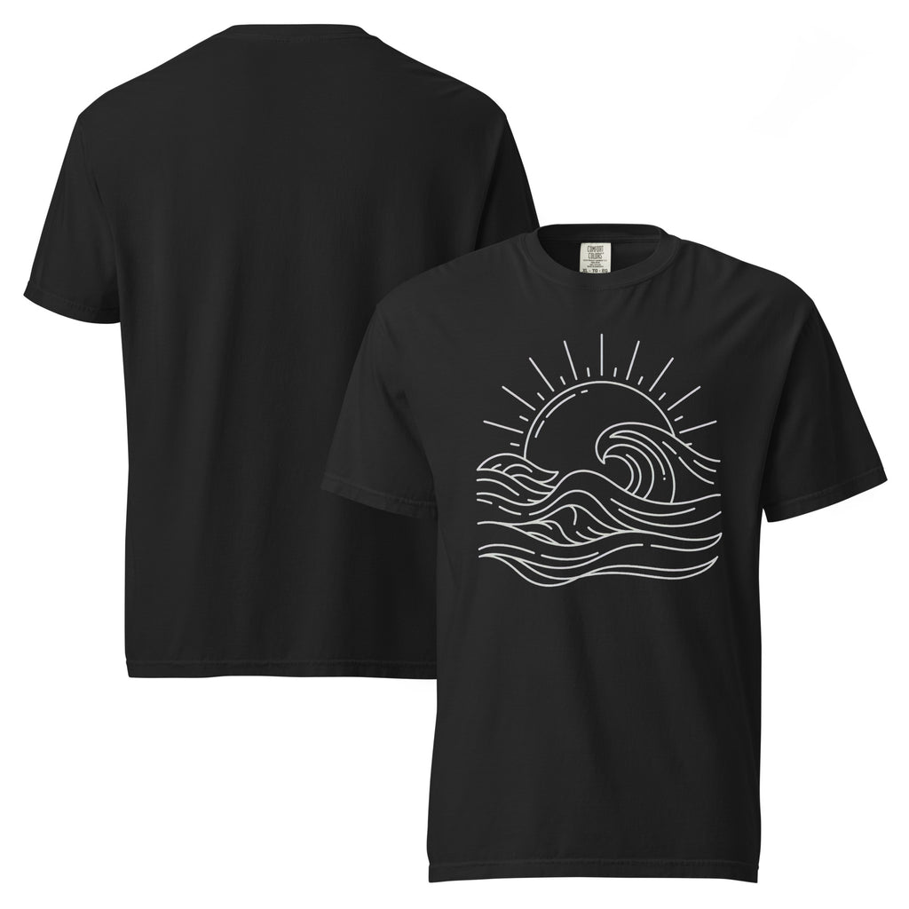 sunset wave T-shirt, ocean wave shirt, minimalist beach T-shirt, seaside graphic tee, sun and sea shirt, coastal line art T-shirt, ocean sunset graphic tee, summer beach shirt, minimalist wave design, nautical graphic T-shirt, beach lover shirt, sea lover gift, coastal lifestyle clothing, ocean lover T-shirt, surfing inspired shirt, minimalist summer tee, retro sunset shirt, maritime T-shirt, vacation graphic tee, relaxed beachwear, heavyweight cotton T-shirt, garment-dyed unisex tee, relaxed fit ocean shir