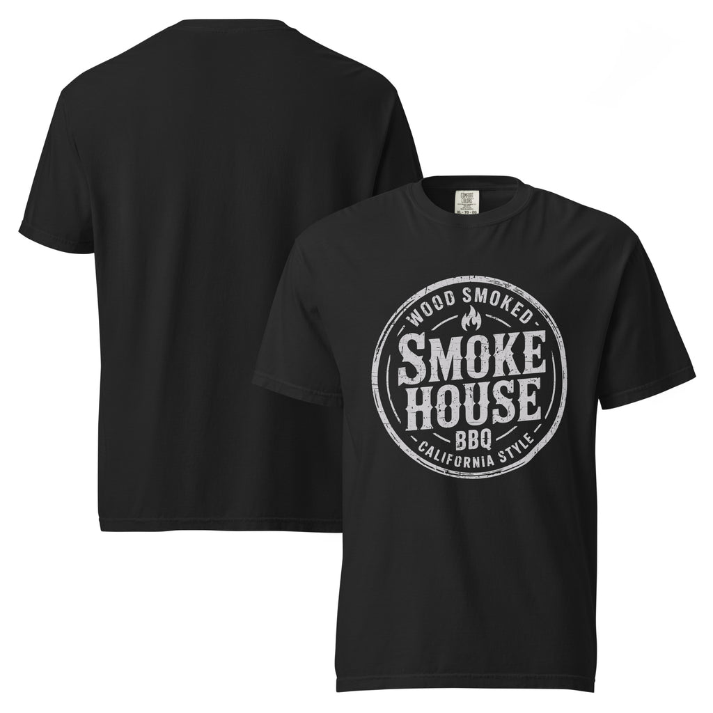 wood smoked BBQ shirt, smoke house t-shirt, California BBQ shirt, barbecue graphic tee, grill master shirt, smoked meat t-shirt, BBQ lover gift, backyard grilling shirt, pitmaster t-shirt, smoker BBQ shirt, barbecue lifestyle tee, meat lover shirt, heavyweight cotton BBQ shirt, garment-dyed t-shirt, relaxed fit grill shirt