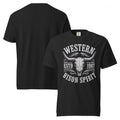 western bison t-shirt, bull skull graphic tee, cowgirl shirt, western gothic clothing, country rock t-shirt, black western shirt, biker cowgirl outfit, vintage western graphic tee, bison spirit shirt, alternative western fashion, rodeo inspired apparel, western bar outfit, unisex bull skull shirt, dark country style, western gift idea