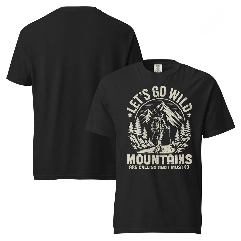 let’s go wild shirt, mountains are calling t-shirt, hiking graphic tee, mountain adventure shirt, outdoor lover t-shirt, hiking gift for men, mountain climbing shirt, trekking apparel, wilderness adventure tee, nature lover shirt, backpacking graphic t-shirt, alpine hiking shirt, rock climbing lifestyle tee, alternative outdoor fashion, muscular hiker shirt, adventure seeker gift, vintage mountain graphic tee, black hiking t-shirt, outdoor enthusiast apparel, Merloan mountain shirt