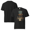 steampunk skull t-shirt, skull top hat shirt, mechanical skull tee, gothic steampunk clothing, industrial style t-shirt, vintage gear skull shirt, alternative men’s fashion, dark steampunk outfit, Victorian skull graphic tee, clockwork skull design, urban industrial clothing, gothic graphic t-shirt, retro machinery shirt, edgy men’s streetwear, black skull t-shirt, steampunk gentleman style, gear and cog shirt, dystopian fashion, alternative street style, industrial district outfit, realistic steampunk fash