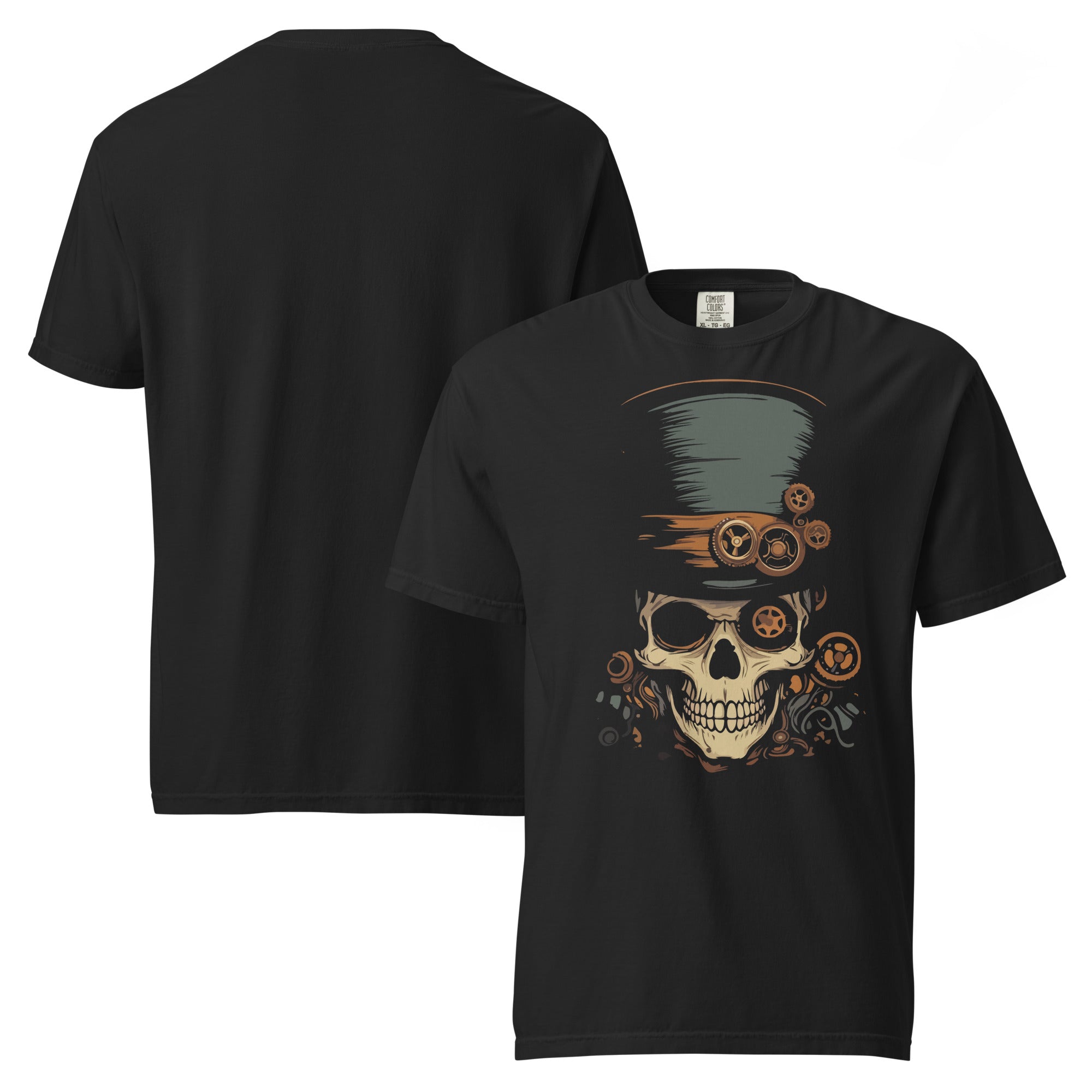 steampunk skull t-shirt, skull top hat shirt, mechanical skull tee, gothic steampunk clothing, industrial style t-shirt, vintage gear skull shirt, alternative men’s fashion, dark steampunk outfit, Victorian skull graphic tee, clockwork skull design, urban industrial clothing, gothic graphic t-shirt, retro machinery shirt, edgy men’s streetwear, black skull t-shirt, steampunk gentleman style, gear and cog shirt, dystopian fashion, alternative street style, industrial district outfit, realistic steampunk fash