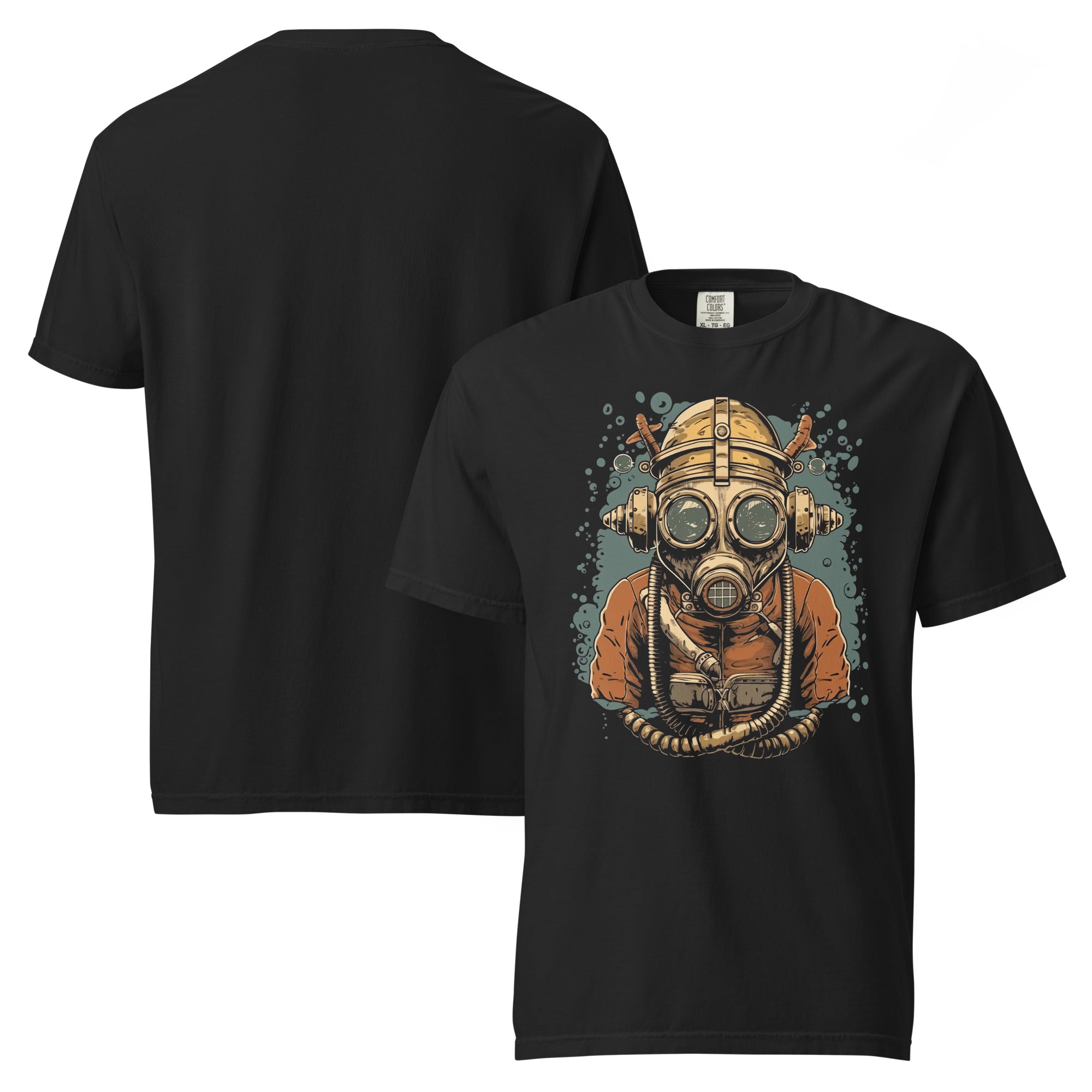 steampunk diver t-shirt, vintage diving helmet shirt, deep sea explorer tee, retro scuba graphic shirt, underwater adventure t-shirt, steampunk graphic tee, comic con outfit men, nerd style t-shirt, geek fashion men, alternative menswear, hipster graphic shirt, muscular men fashion, fantasy convention outfit, sci-fi graphic t-shirt, industrial retro design, nautical steampunk shirt, black graphic tee men, unique statement t-shirt, cosplay convention clothing, vintage ocean explorer shirt