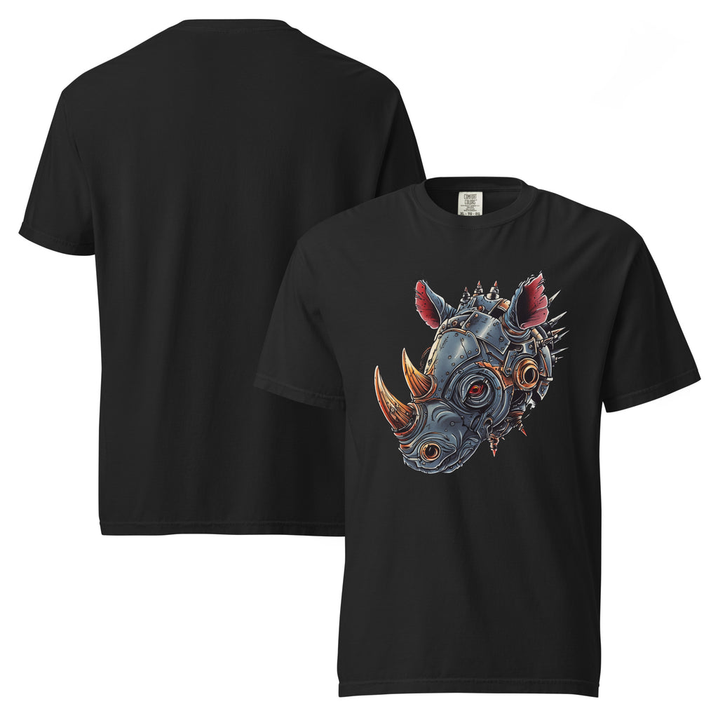 Product mockup steampunk rhino t-shirt, mechanical rhinoceros shirt, robotic rhino tee, cyberpunk animal t-shirt, sci-fi rhino shirt, rhinoceros graphic tee, black graphic t-shirt, steampunk animal design, mechanical animal artwork, armored rhino shirt, robot rhinoceros t-shirt, futuristic animal tee, industrial fantasy clothing, alternative men’s t-shirt, nerd style clothing, geek fashion, comic convention outfit, comic con shirt, gamer style t-shirt, science fiction clothing, fantasy technology design, re