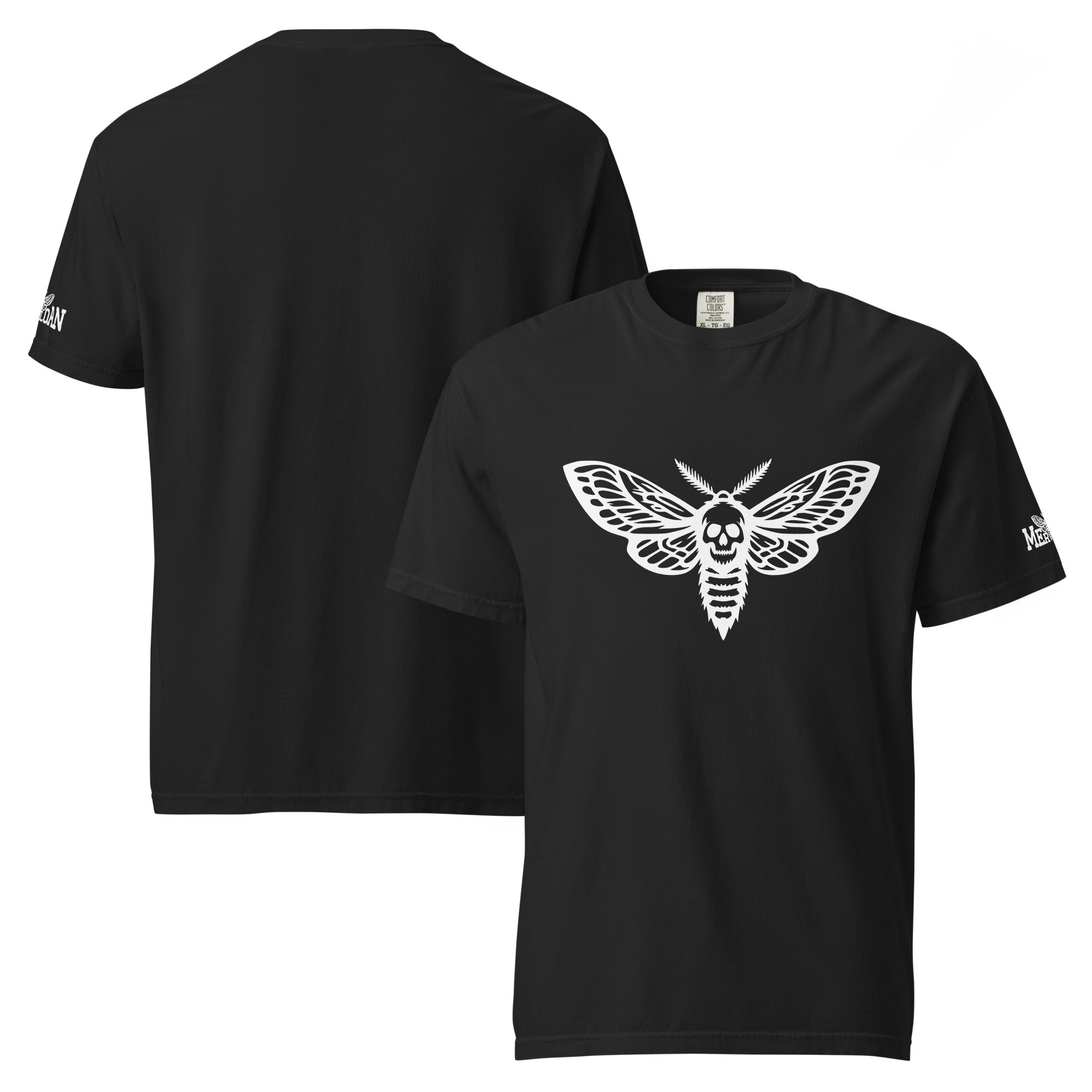 skull moth T-shirt, death moth shirt, death’s-head moth T-shirt, gothic moth graphic tee, white skull moth design, moth wings T-shirt, skull insect shirt, gothic insect T-shirt, occult moth clothing, witchy moth shirt, dark nature T-shirt, alternative graphic tee, black gothic T-shirt, Merloan T-shirt, Merloan sleeve logo shirt, moth lover gift, skull lover shirt, dark aesthetic clothing, gothic alternative fashion, rock style T-shirt, metalhead graphic tee, heavyweight unisex T-shirt, ring-spun cotton tee,