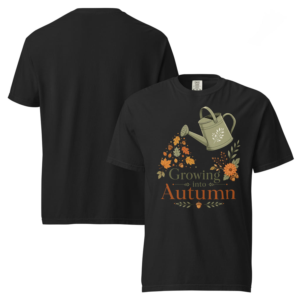 growing into autumn shirt, autumn t-shirt, fall graphic tee, botanical autumn shirt, cozy fall t-shirt, autumn vibes tee, seasonal graphic shirt, fall fashion tee, leaf design shirt, nature autumn shirt, harvest season t-shirt, cozy botanical tee, heavyweight cotton t-shirt, garment-dyed tee, relaxed fit autumn shirt