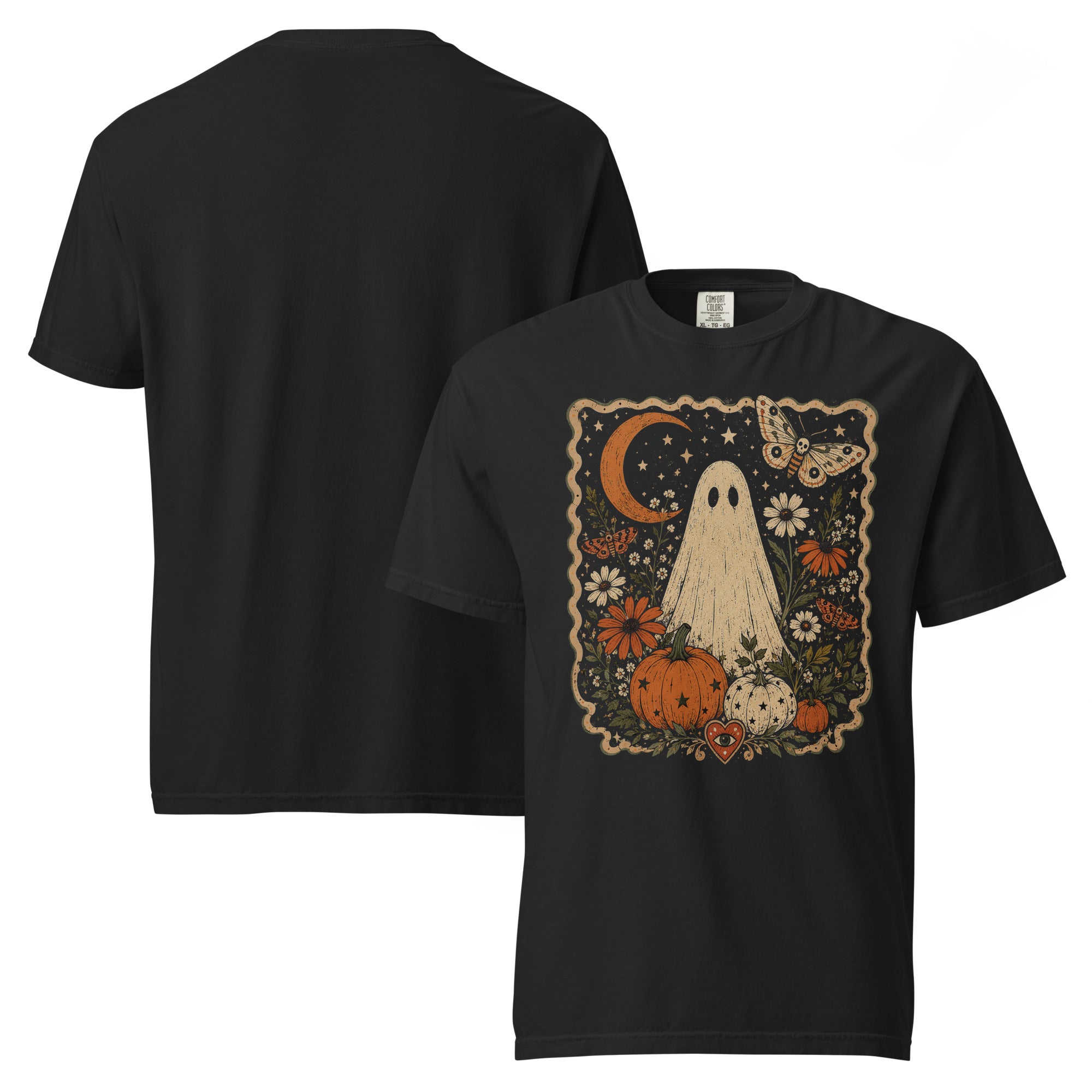 halloween ghost pumpkin shirt, ghost pumpkin t-shirt, spooky cute tee, Halloween t-shirt, pumpkin ghost shirt, cozy fall shirt, autumn Halloween tee, spooky season shirt, cute ghost graphic tee, pumpkin season t-shirt, trick or treat shirt, seasonal graphic tee, heavyweight cotton t-shirt, garment-dyed tee, relaxed fit Halloween shirt