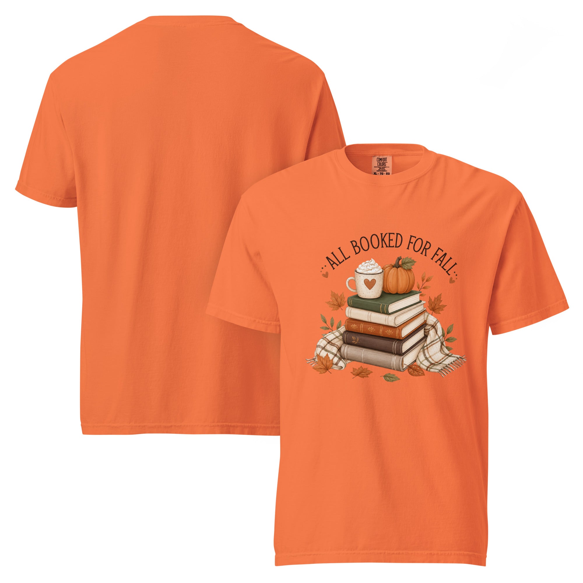 all booked for fall shirt, bookish autumn t-shirt, fall reading shirt, book lover fall tee, autumn reader shirt, cozy bookworm t-shirt, seasonal book shirt, fall graphic tee, reading season shirt, book club autumn tee, cozy fall outfit, pumpkin spice reading shirt, heavyweight cotton t-shirt, garment-dyed tee, relaxed fit bookish shirt