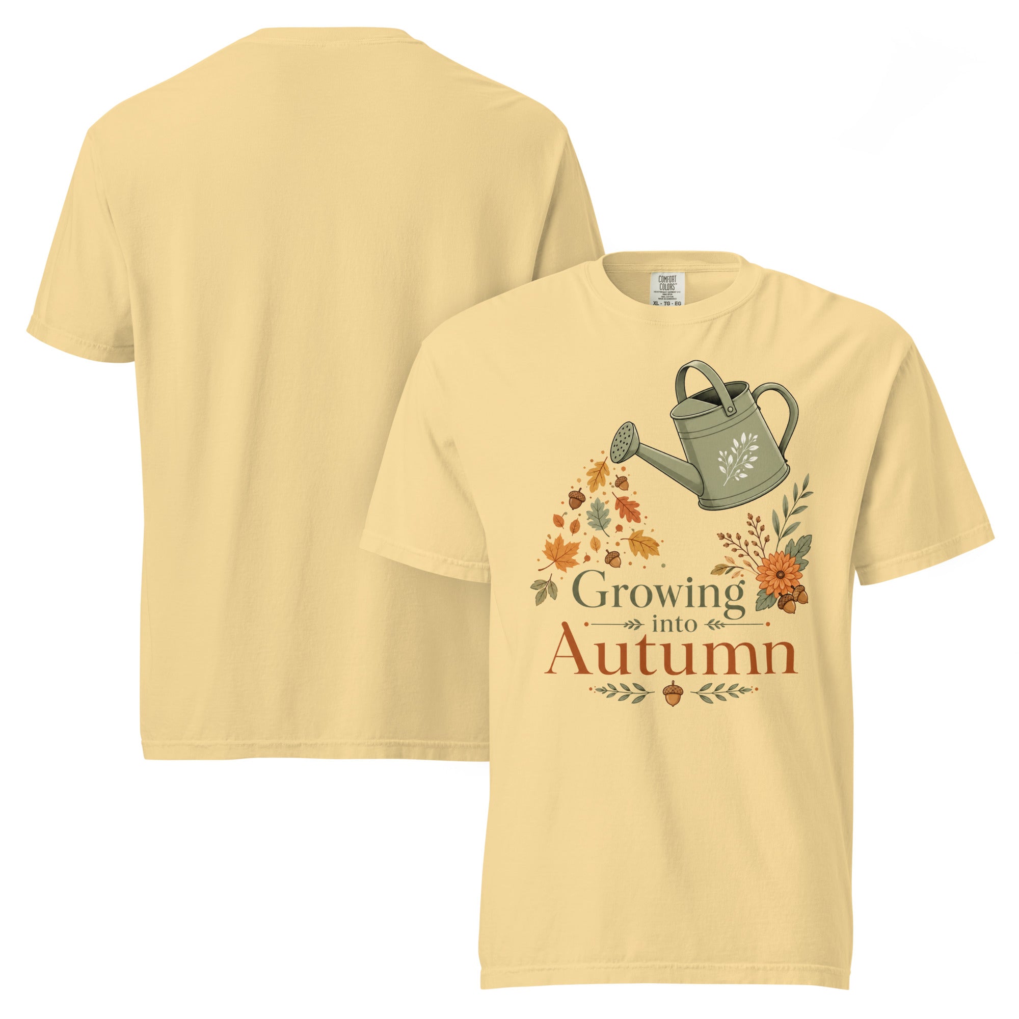 growing into autumn shirt, autumn t-shirt, fall graphic tee, botanical autumn shirt, cozy fall t-shirt, autumn vibes tee, seasonal graphic shirt, fall fashion tee, leaf design shirt, nature autumn shirt, harvest season t-shirt, cozy botanical tee, heavyweight cotton t-shirt, garment-dyed tee, relaxed fit autumn shirt