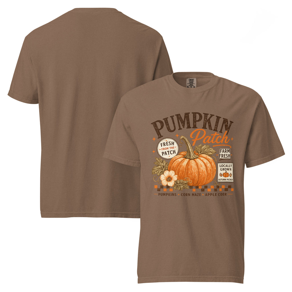 pumpkin patch shirt, autumn pumpkin t-shirt, fall pumpkin tee, pumpkin lover shirt, cozy fall t-shirt, autumn graphic tee, pumpkin season shirt, harvest season tee, fall festival shirt, cottagecore autumn shirt, seasonal graphic tee, Thanksgiving pumpkin shirt, heavyweight cotton t-shirt, garment-dyed tee, relaxed fit autumn shirt