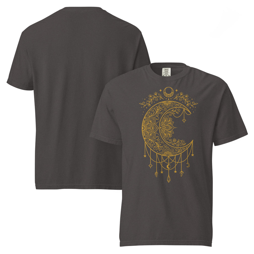 golden crescent moon T-shirt, ornate moon shirt, celestial moon graphic tee, floral mandala T-shirt, witchy moon shirt, mystical crescent moon tee, moon phase clothing, celestial charm design, golden lunar graphic, boho witch T-shirt, pagan moon shirt, Wiccan inspired clothing, celestial jewelry artwork, astrology T-shirt, magical moon design, gothic celestial shirt, spiritual graphic tee, moon lover gift, witchcraft fashion, alternative mystical clothing, heavyweight cotton T-shirt, garment-dyed unisex tee
