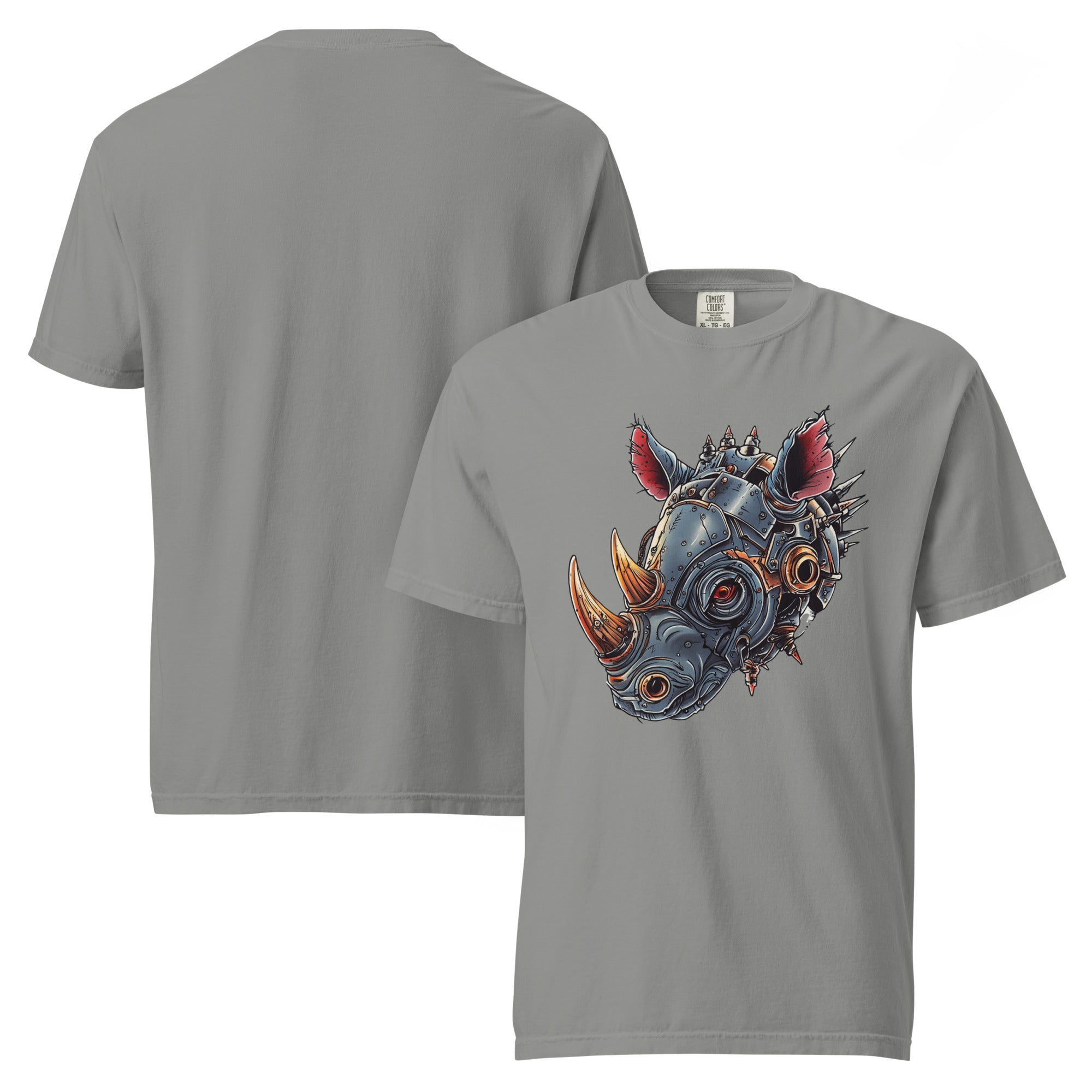 Product mockup steampunk rhino t-shirt, mechanical rhinoceros shirt, robotic rhino tee, cyberpunk animal t-shirt, sci-fi rhino shirt, rhinoceros graphic tee, black graphic t-shirt, steampunk animal design, mechanical animal artwork, armored rhino shirt, robot rhinoceros t-shirt, futuristic animal tee, industrial fantasy clothing, alternative men’s t-shirt, nerd style clothing, geek fashion, comic convention outfit, comic con shirt, gamer style t-shirt, science fiction clothing, fantasy technology design, re