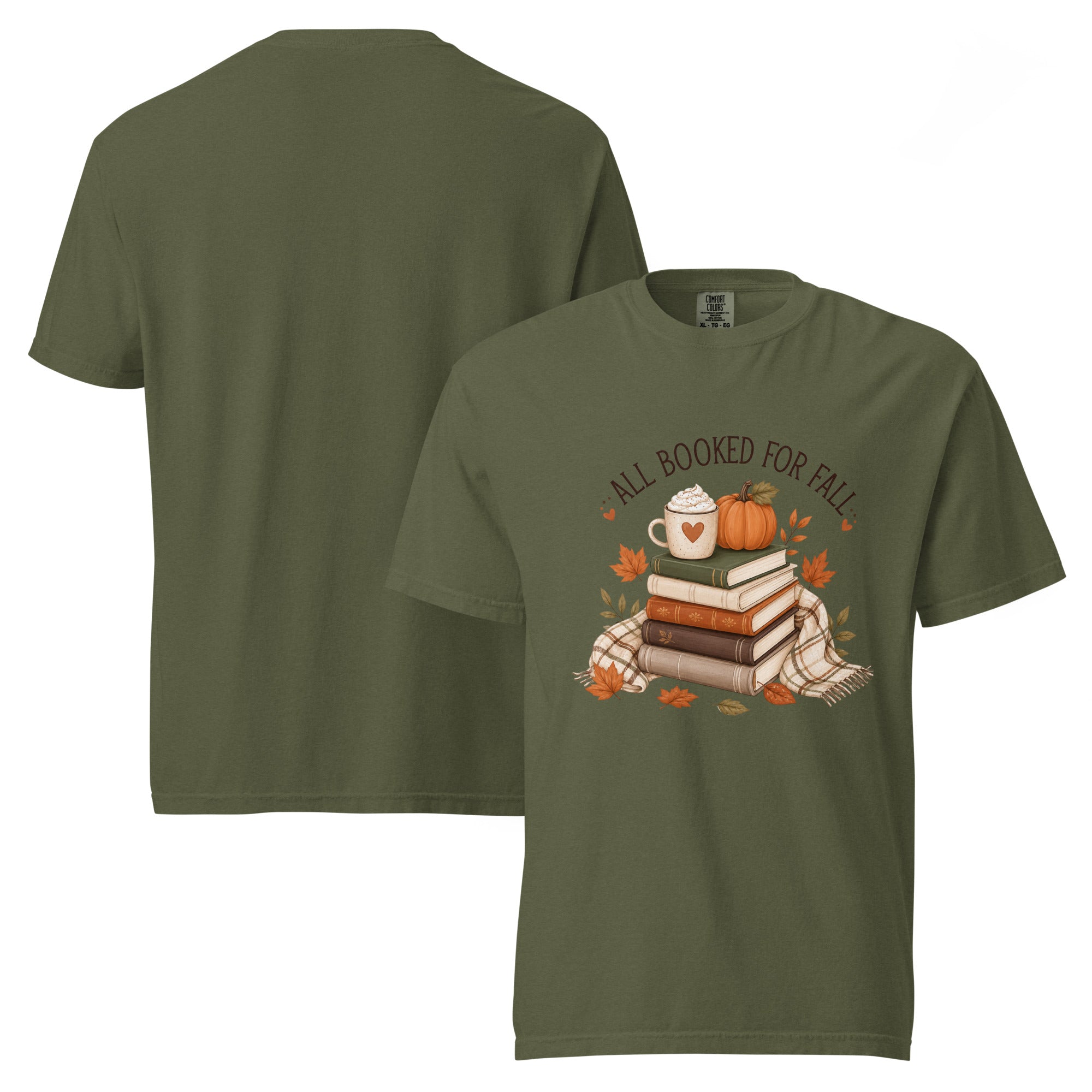 all booked for fall shirt, bookish autumn t-shirt, fall reading shirt, book lover fall tee, autumn reader shirt, cozy bookworm t-shirt, seasonal book shirt, fall graphic tee, reading season shirt, book club autumn tee, cozy fall outfit, pumpkin spice reading shirt, heavyweight cotton t-shirt, garment-dyed tee, relaxed fit bookish shirt