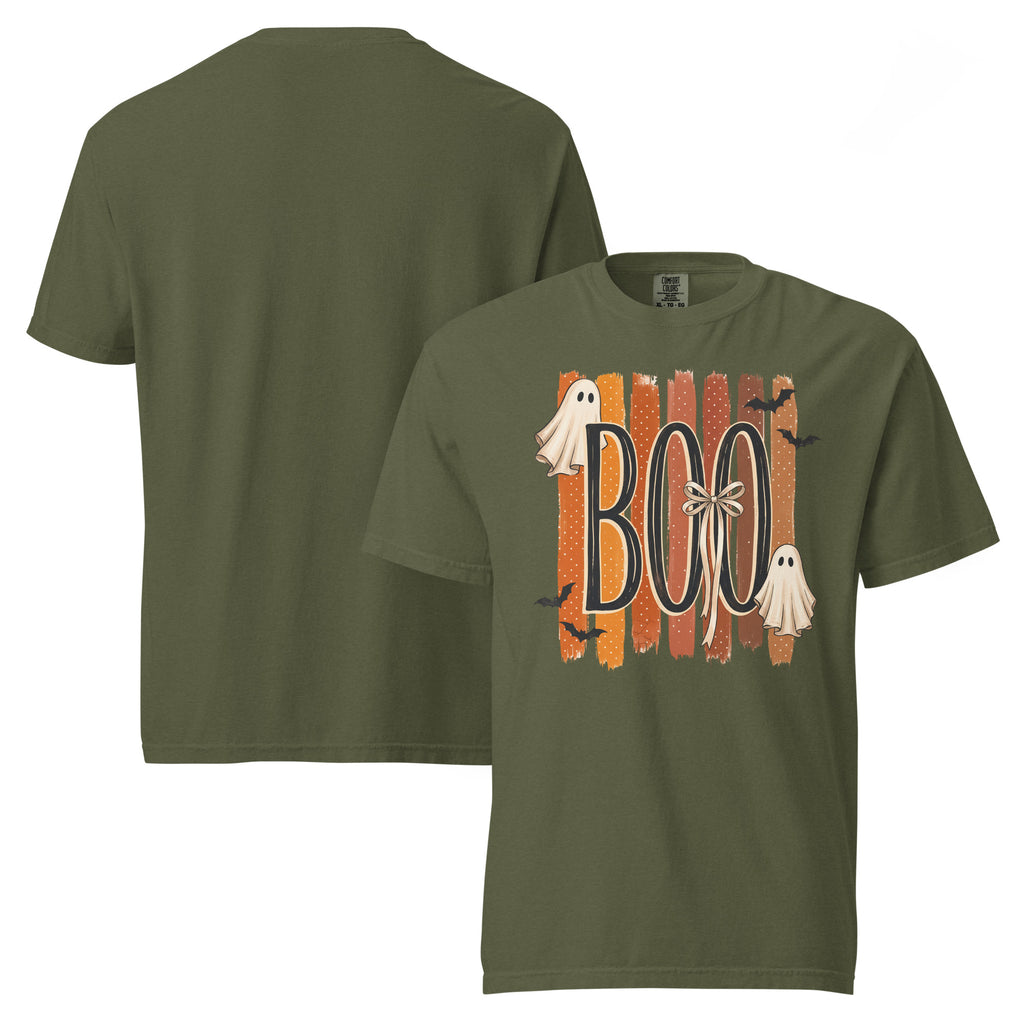 boo ghost shirt, ghost t-shirt, spooky cute tee, Halloween ghost shirt, cute Halloween t-shirt, fall ghost tee, autumn spooky shirt, cozy Halloween shirt, seasonal graphic tee, ghost lover shirt, trick or treat t-shirt, cottagecore Halloween tee, heavyweight cotton t-shirt, garment-dyed tee, relaxed fit ghost shirt