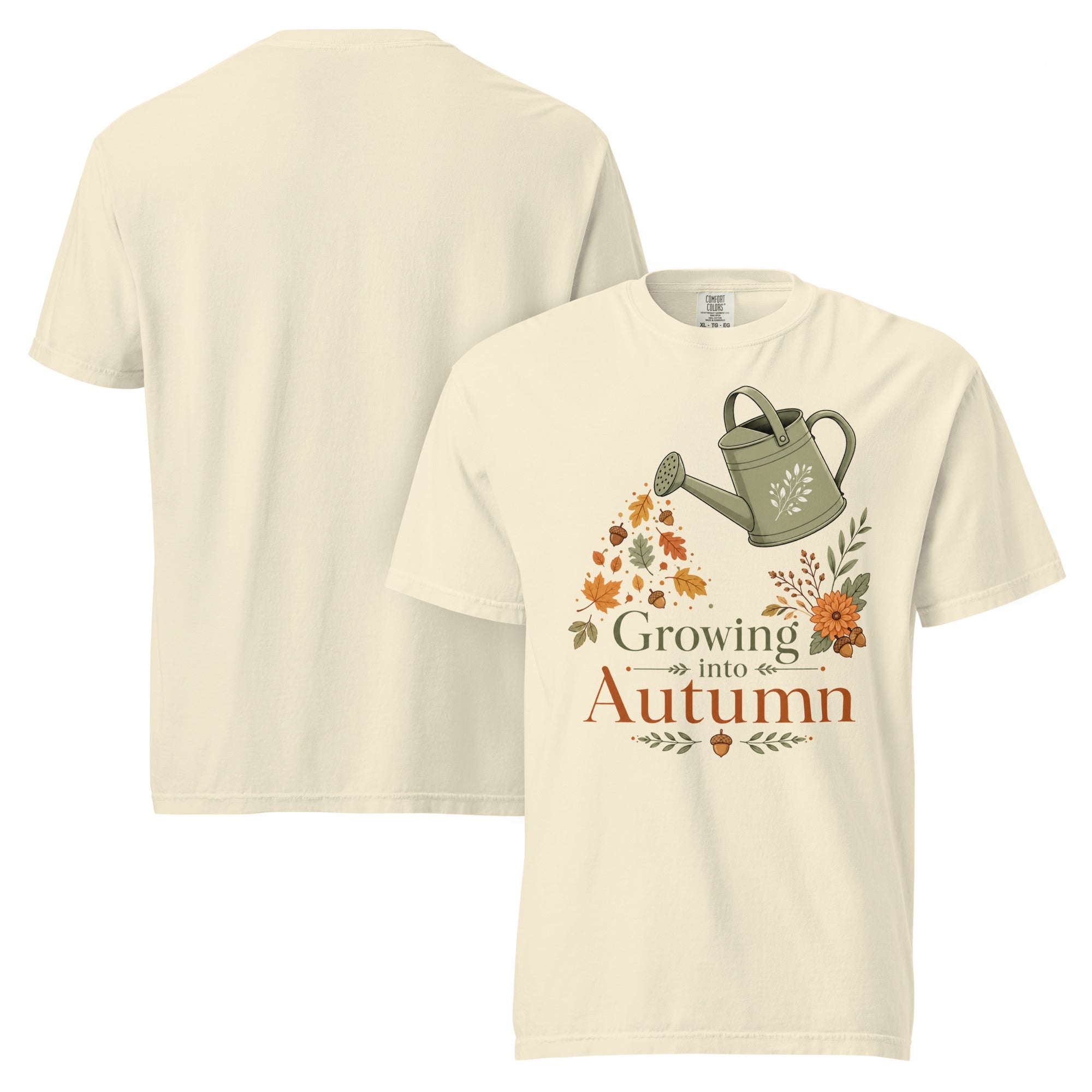 growing into autumn shirt, autumn t-shirt, fall graphic tee, botanical autumn shirt, cozy fall t-shirt, autumn vibes tee, seasonal graphic shirt, fall fashion tee, leaf design shirt, nature autumn shirt, harvest season t-shirt, cozy botanical tee, heavyweight cotton t-shirt, garment-dyed tee, relaxed fit autumn shirt