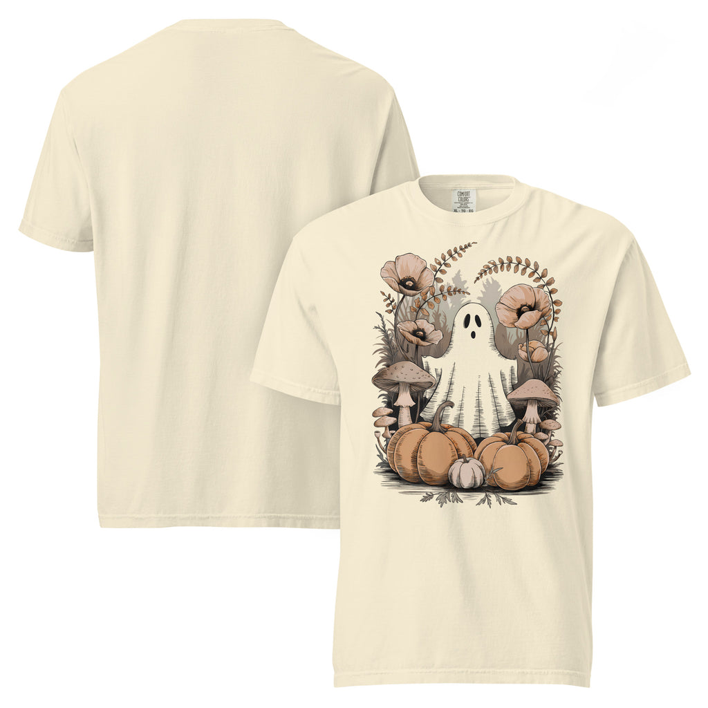 ghost pumpkin mushroom shirt, Halloween autumn t-shirt, fall ghost tee, pumpkin mushroom shirt, spooky cute t-shirt, cozy Halloween tee, autumn graphic shirt, fall mushroom tee, ghost pumpkin t-shirt, seasonal Halloween shirt, cottagecore Halloween tee, pumpkin season shirt, heavyweight cotton t-shirt, garment-dyed tee, relaxed fit Halloween shirt