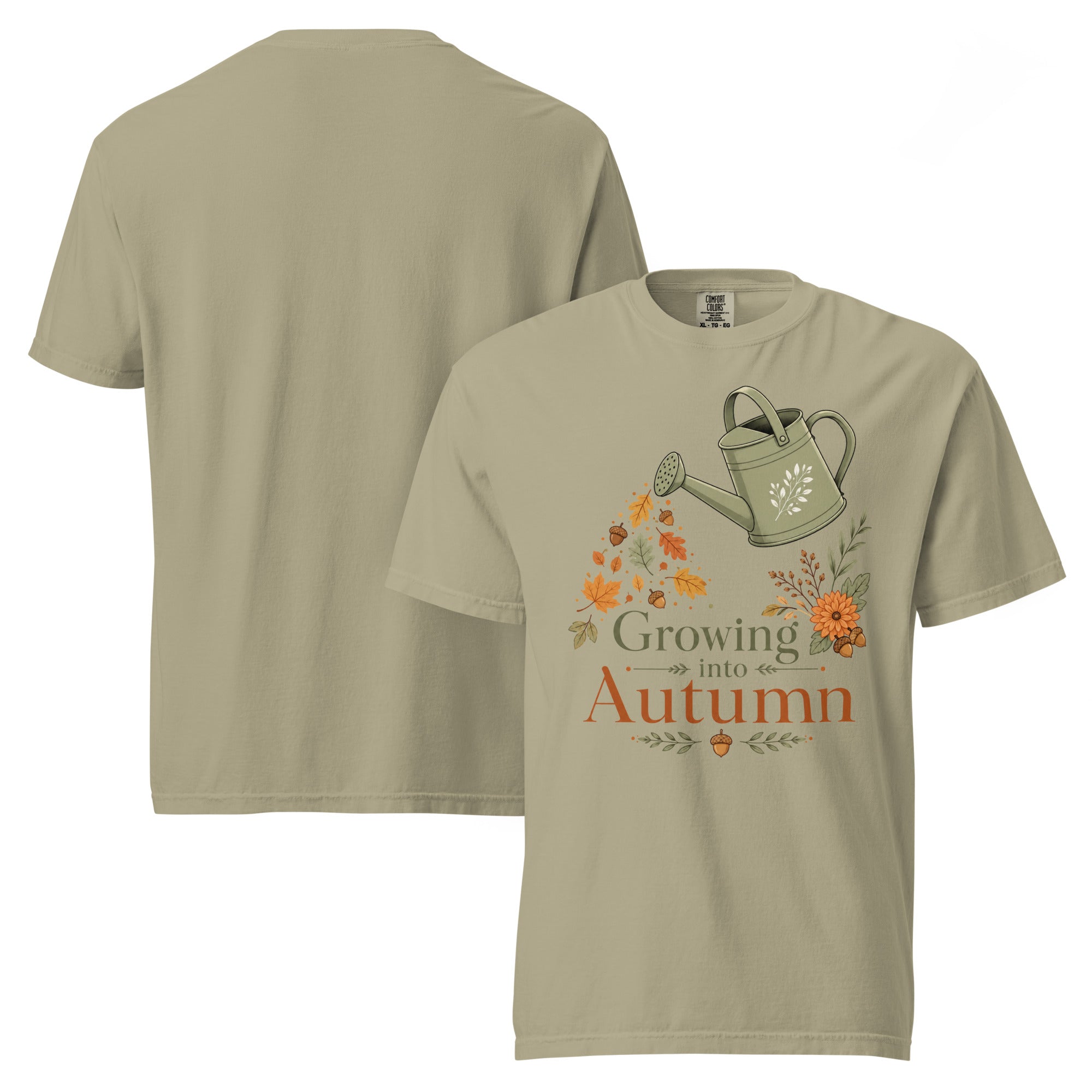 growing into autumn shirt, autumn t-shirt, fall graphic tee, botanical autumn shirt, cozy fall t-shirt, autumn vibes tee, seasonal graphic shirt, fall fashion tee, leaf design shirt, nature autumn shirt, harvest season t-shirt, cozy botanical tee, heavyweight cotton t-shirt, garment-dyed tee, relaxed fit autumn shirt