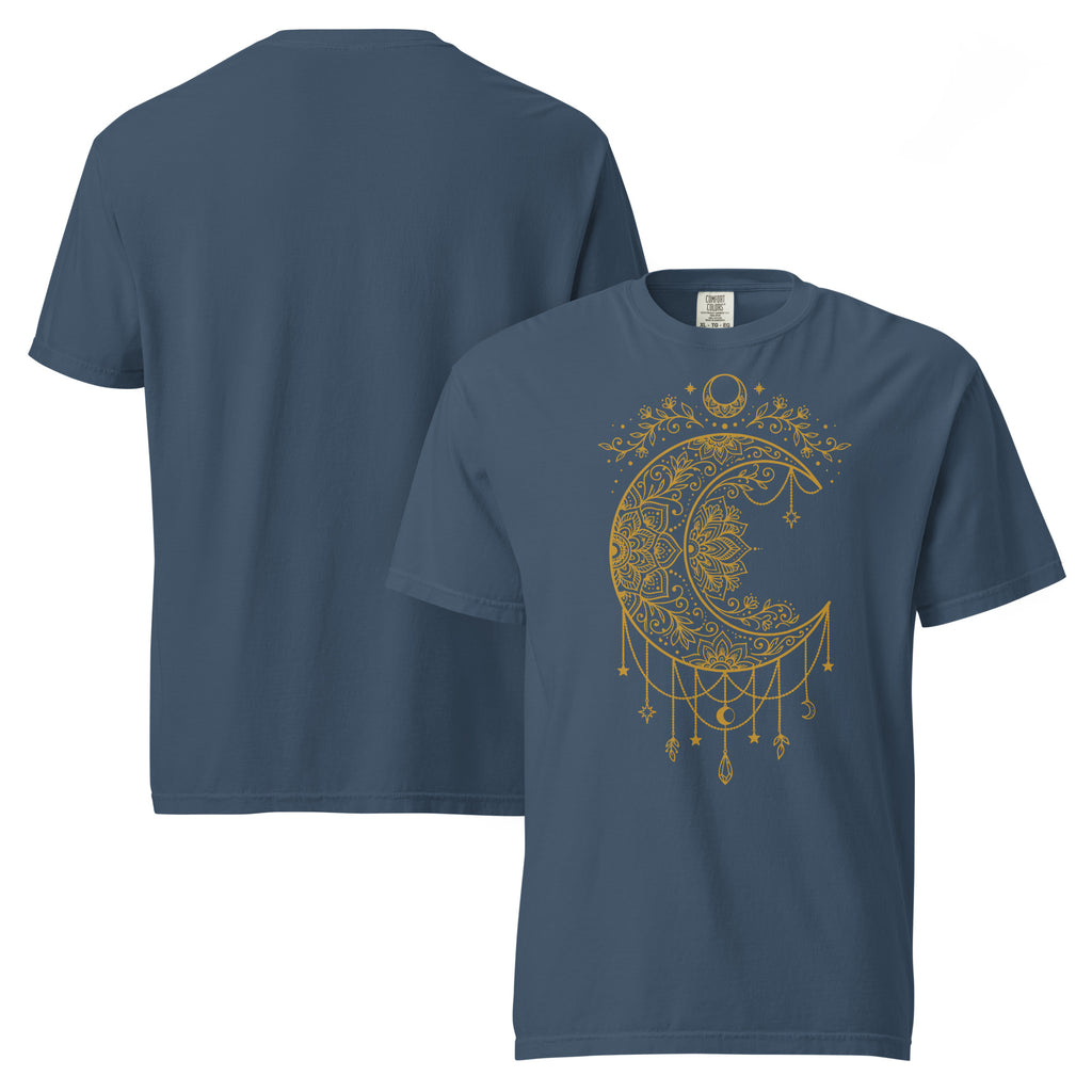 golden crescent moon T-shirt, ornate moon shirt, celestial moon graphic tee, floral mandala T-shirt, witchy moon shirt, mystical crescent moon tee, moon phase clothing, celestial charm design, golden lunar graphic, boho witch T-shirt, pagan moon shirt, Wiccan inspired clothing, celestial jewelry artwork, astrology T-shirt, magical moon design, gothic celestial shirt, spiritual graphic tee, moon lover gift, witchcraft fashion, alternative mystical clothing, heavyweight cotton T-shirt, garment-dyed unisex tee