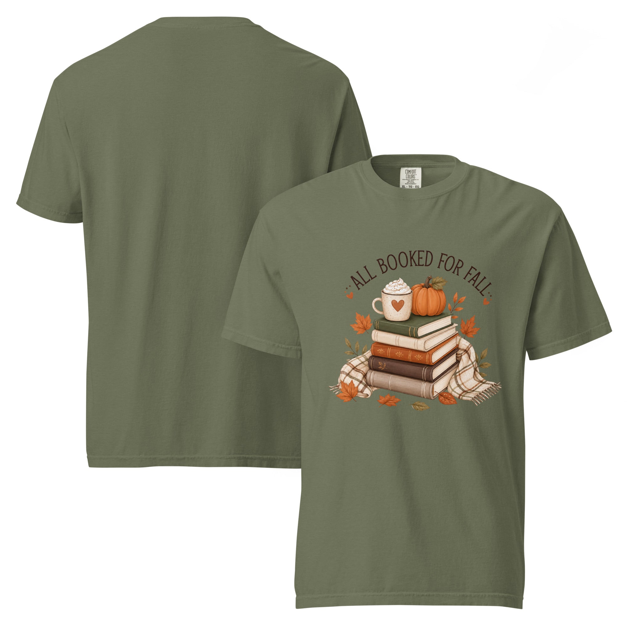 all booked for fall shirt, bookish autumn t-shirt, fall reading shirt, book lover fall tee, autumn reader shirt, cozy bookworm t-shirt, seasonal book shirt, fall graphic tee, reading season shirt, book club autumn tee, cozy fall outfit, pumpkin spice reading shirt, heavyweight cotton t-shirt, garment-dyed tee, relaxed fit bookish shirt