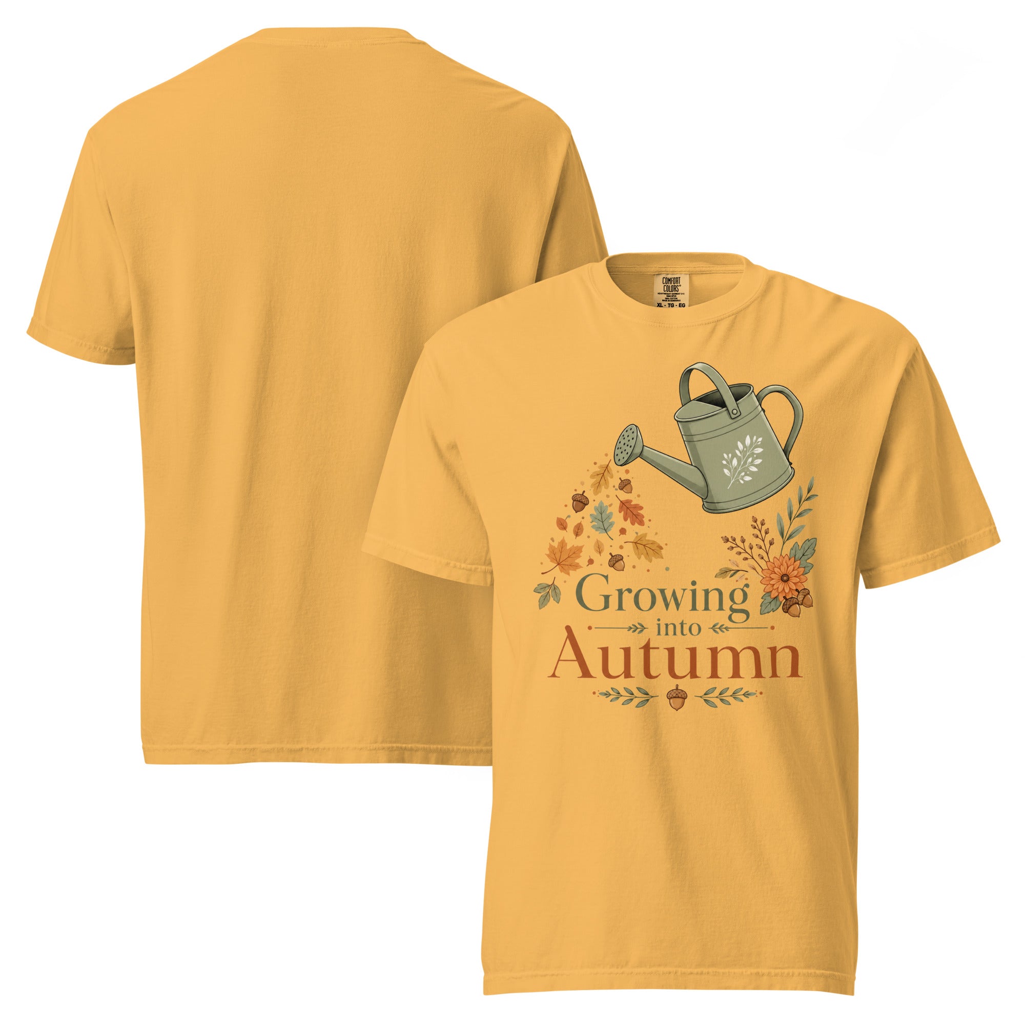 growing into autumn shirt, autumn t-shirt, fall graphic tee, botanical autumn shirt, cozy fall t-shirt, autumn vibes tee, seasonal graphic shirt, fall fashion tee, leaf design shirt, nature autumn shirt, harvest season t-shirt, cozy botanical tee, heavyweight cotton t-shirt, garment-dyed tee, relaxed fit autumn shirt