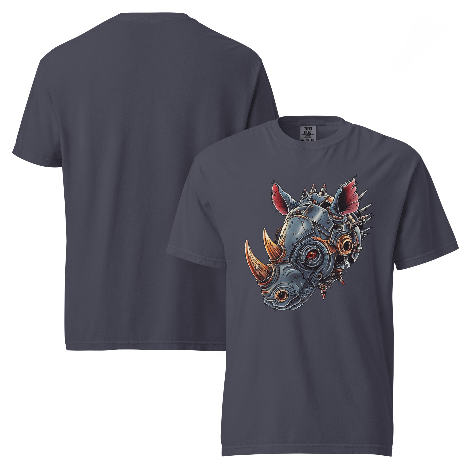 Product mockup steampunk rhino t-shirt, mechanical rhinoceros shirt, robotic rhino tee, cyberpunk animal t-shirt, sci-fi rhino shirt, rhinoceros graphic tee, black graphic t-shirt, steampunk animal design, mechanical animal artwork, armored rhino shirt, robot rhinoceros t-shirt, futuristic animal tee, industrial fantasy clothing, alternative men’s t-shirt, nerd style clothing, geek fashion, comic convention outfit, comic con shirt, gamer style t-shirt, science fiction clothing, fantasy technology design, re