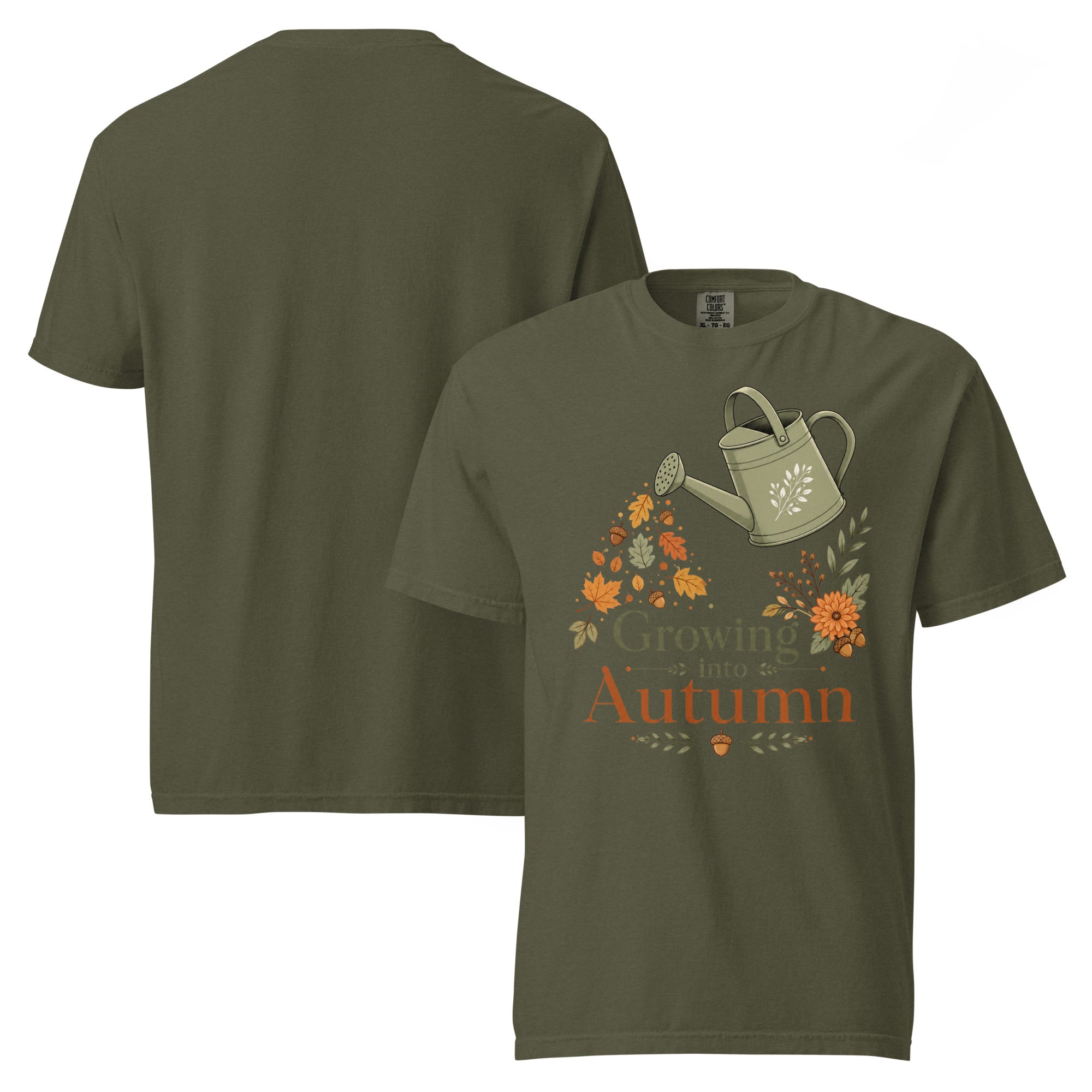 growing into autumn shirt, autumn t-shirt, fall graphic tee, botanical autumn shirt, cozy fall t-shirt, autumn vibes tee, seasonal graphic shirt, fall fashion tee, leaf design shirt, nature autumn shirt, harvest season t-shirt, cozy botanical tee, heavyweight cotton t-shirt, garment-dyed tee, relaxed fit autumn shirt