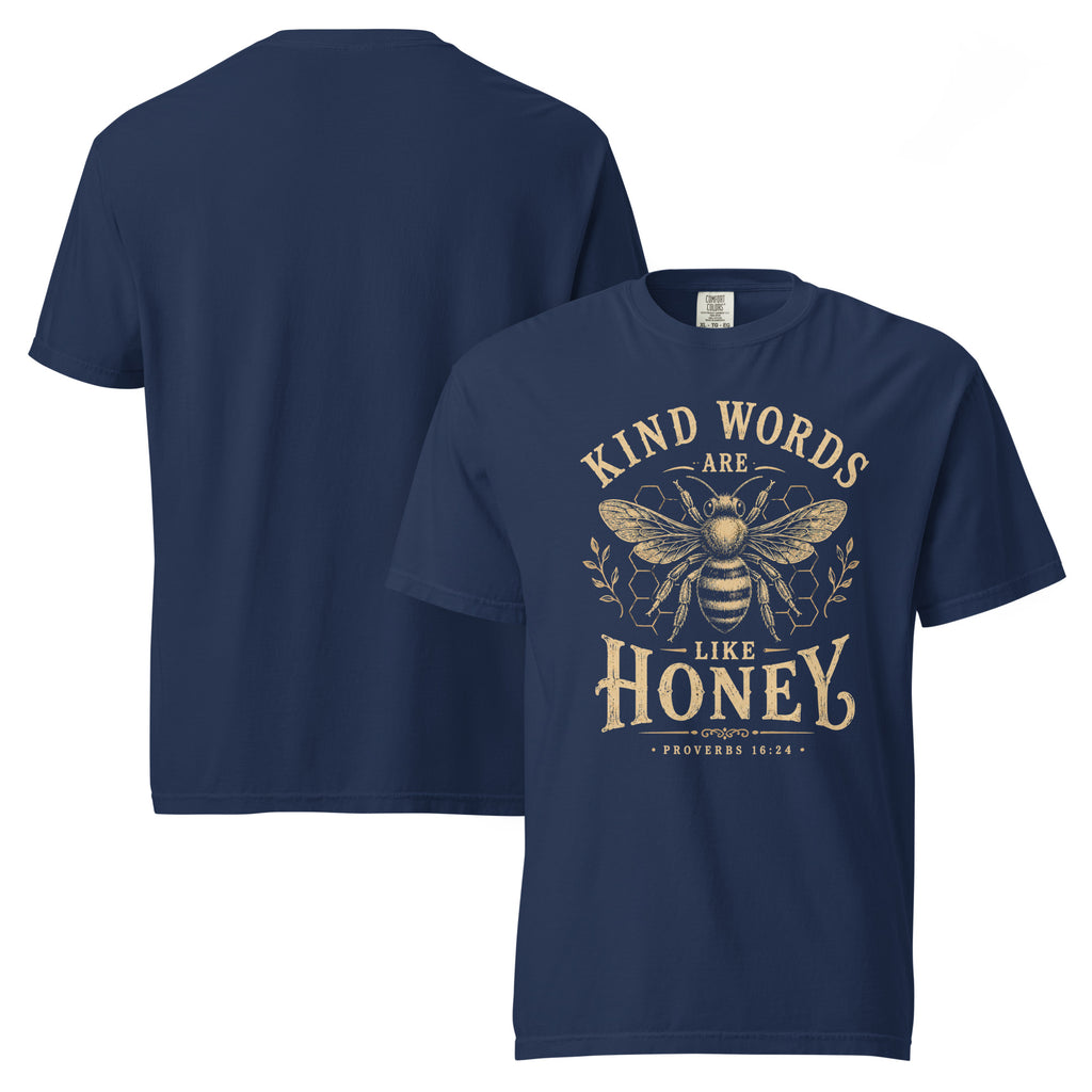 kind words are like honey t-shirt, bee graphic tee, Proverbs 1624 shirt, inspirational Christian t-shirt, honey bee shirt, positive quote tee, botanical bee design, vintage bee graphic shirt, faith based apparel, kindness quote t-shirt, nature inspired shirt, women’s alternative fashion, unisex bee t-shirt, uplifting message tee, Christian gift shirt