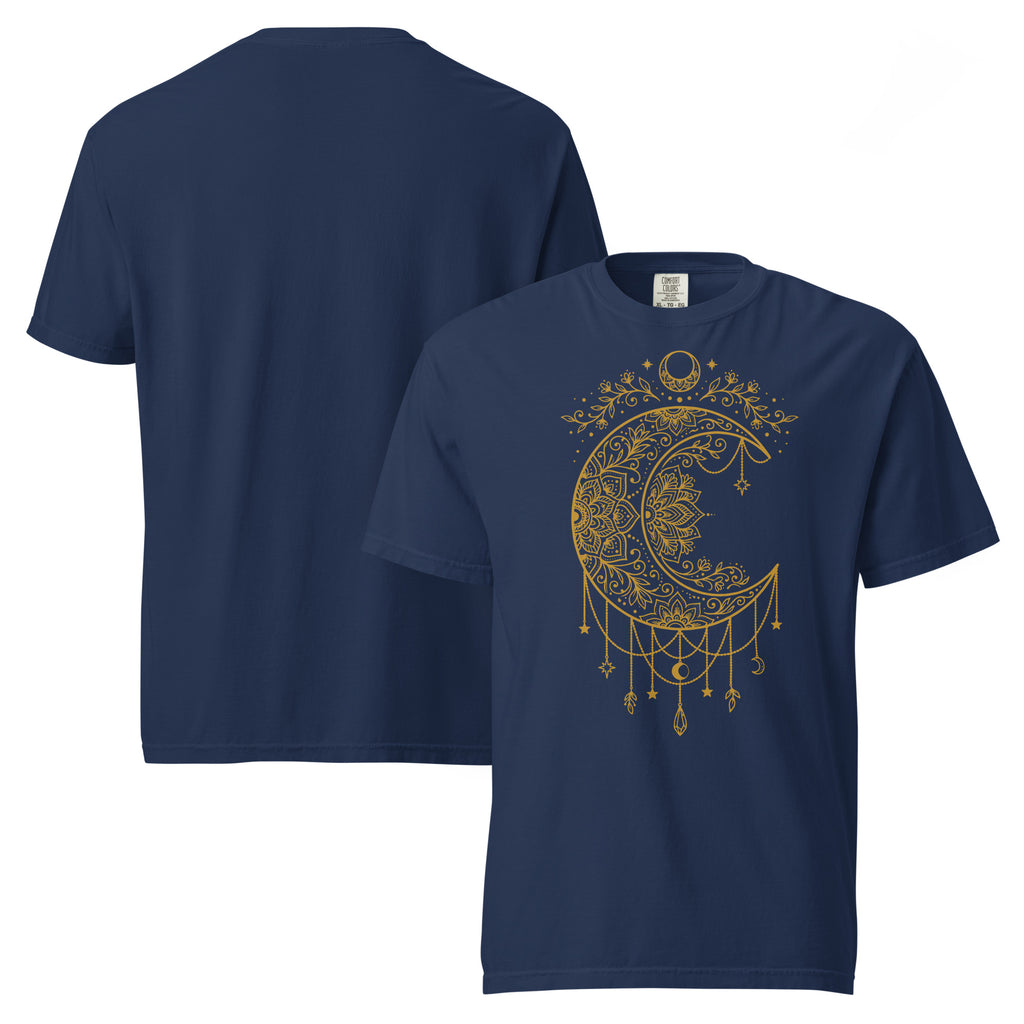 golden crescent moon T-shirt, ornate moon shirt, celestial moon graphic tee, floral mandala T-shirt, witchy moon shirt, mystical crescent moon tee, moon phase clothing, celestial charm design, golden lunar graphic, boho witch T-shirt, pagan moon shirt, Wiccan inspired clothing, celestial jewelry artwork, astrology T-shirt, magical moon design, gothic celestial shirt, spiritual graphic tee, moon lover gift, witchcraft fashion, alternative mystical clothing, heavyweight cotton T-shirt, garment-dyed unisex tee