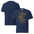 golden crescent moon T-shirt, ornate moon shirt, celestial moon graphic tee, floral mandala T-shirt, witchy moon shirt, mystical crescent moon tee, moon phase clothing, celestial charm design, golden lunar graphic, boho witch T-shirt, pagan moon shirt, Wiccan inspired clothing, celestial jewelry artwork, astrology T-shirt, magical moon design, gothic celestial shirt, spiritual graphic tee, moon lover gift, witchcraft fashion, alternative mystical clothing, heavyweight cotton T-shirt, garment-dyed unisex tee