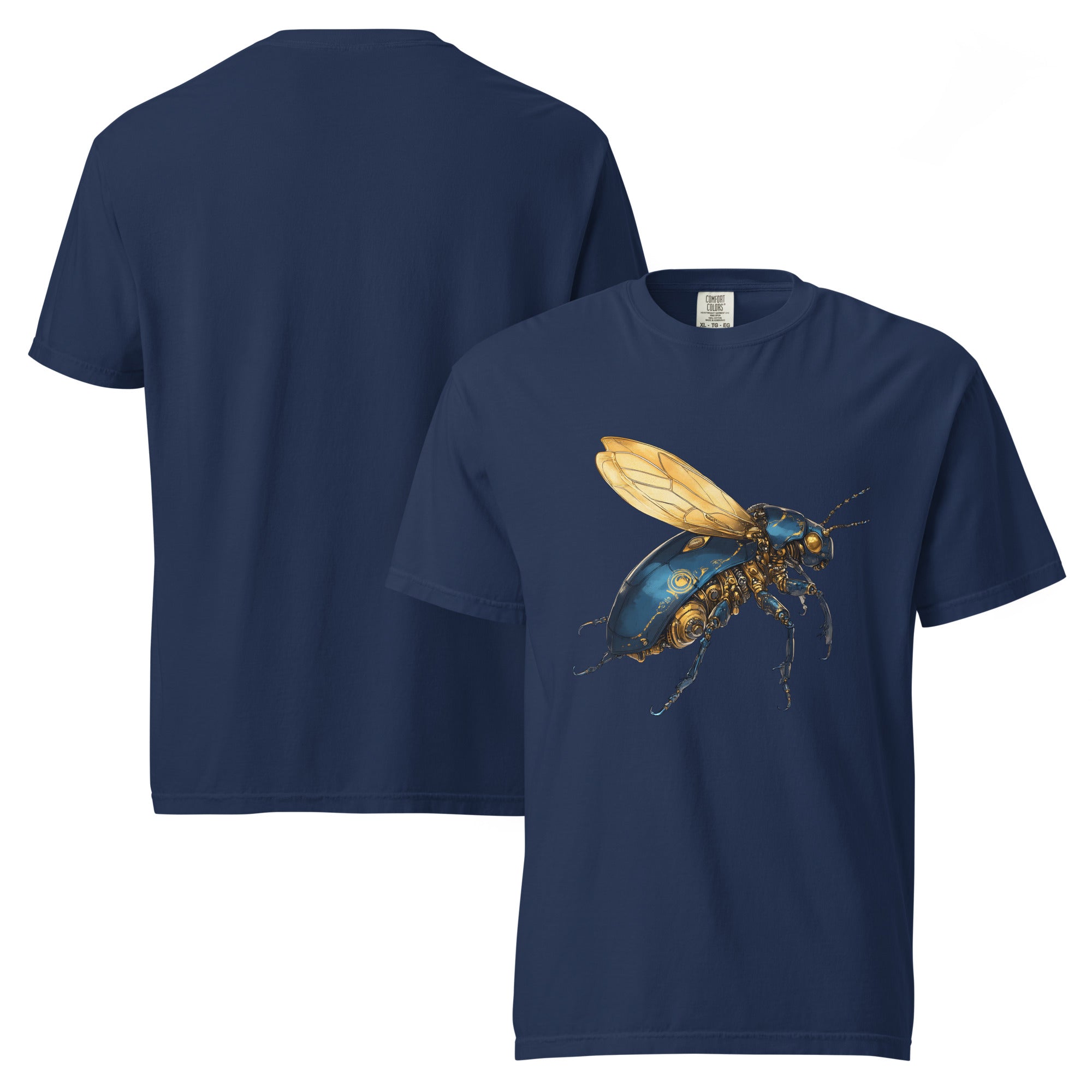 Product mockup steampunk insect t-shirt, mechanical beetle shirt, robotic bug tee, cyber insect t-shirt, blue beetle graphic shirt, mechanical insect artwork, steampunk beetle design, futuristic insect tee, clockwork bug shirt, brass insect t-shirt, blue and gold graphic tee, entomology shirt, insect lover t-shirt, nature inspired clothing, eco style t-shirt, alternative women’s shirt, alternative men’s t-shirt, unisex graphic tee, blue graphic t-shirt, front print shirt, detailed insect artwork, industrial