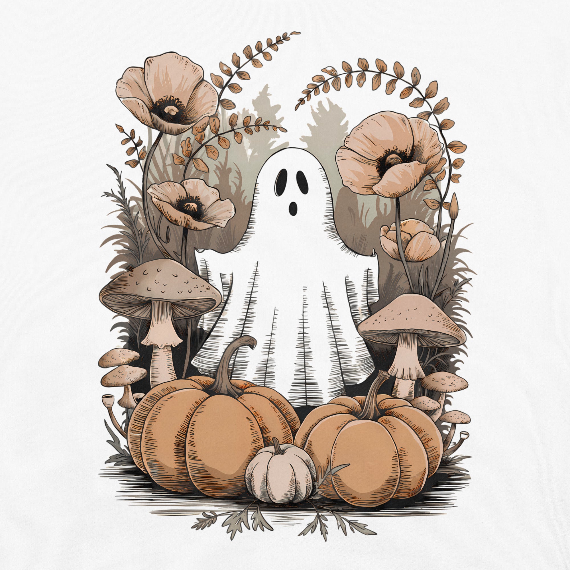 ghost pumpkin mushroom shirt, Halloween autumn t-shirt, fall ghost tee, pumpkin mushroom shirt, spooky cute t-shirt, cozy Halloween tee, autumn graphic shirt, fall mushroom tee, ghost pumpkin t-shirt, seasonal Halloween shirt, cottagecore Halloween tee, pumpkin season shirt, heavyweight cotton t-shirt, garment-dyed tee, relaxed fit Halloween shirt