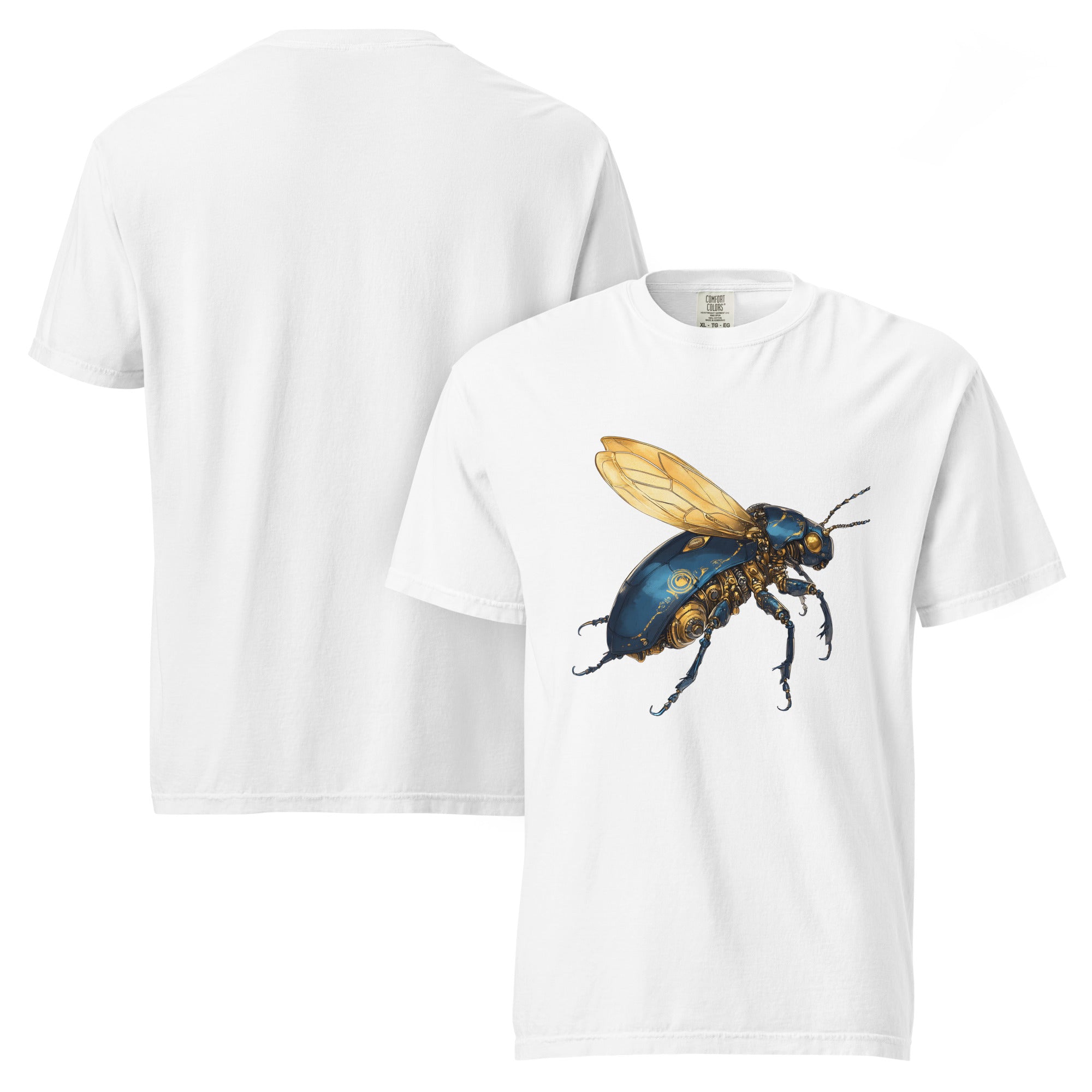 Product mockup steampunk insect t-shirt, mechanical beetle shirt, robotic bug tee, cyber insect t-shirt, blue beetle graphic shirt, mechanical insect artwork, steampunk beetle design, futuristic insect tee, clockwork bug shirt, brass insect t-shirt, blue and gold graphic tee, entomology shirt, insect lover t-shirt, nature inspired clothing, eco style t-shirt, alternative women’s shirt, alternative men’s t-shirt, unisex graphic tee, blue graphic t-shirt, front print shirt, detailed insect artwork, industrial