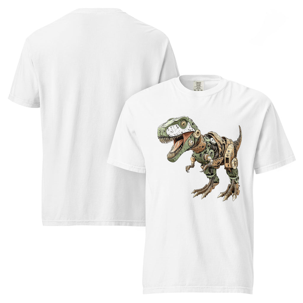 mechanical dinosaur t-shirt, steampunk dinosaur shirt, robotic T-Rex tee, cyber dinosaur t-shirt, dinosaur graphic shirt, T-Rex t-shirt, dinosaur mom shirt, cool mom t-shirt, alternative mom clothing, rock mom style, edgy women’s t-shirt, women’s dinosaur shirt, unisex dinosaur tee, white graphic t-shirt, vintage dinosaur design, retro dinosaur shirt, detailed dinosaur artwork, mechanical animal design, robot dinosaur tee, sci-fi dinosaur shirt, steampunk clothing, alternative fashion, alternative streetwea
