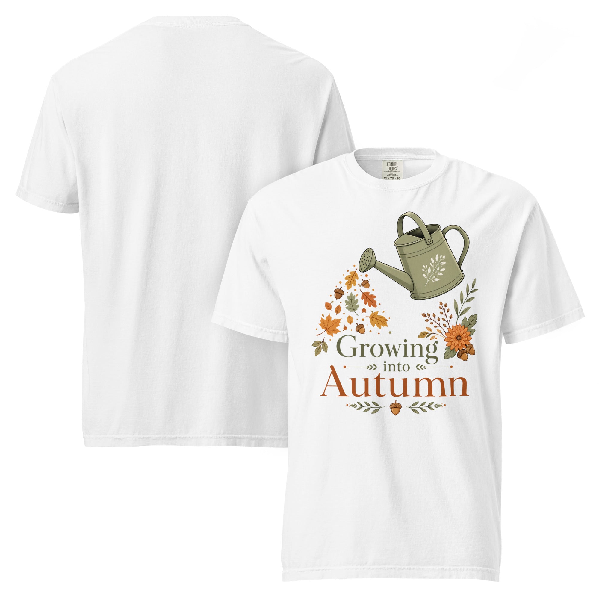 growing into autumn shirt, autumn t-shirt, fall graphic tee, botanical autumn shirt, cozy fall t-shirt, autumn vibes tee, seasonal graphic shirt, fall fashion tee, leaf design shirt, nature autumn shirt, harvest season t-shirt, cozy botanical tee, heavyweight cotton t-shirt, garment-dyed tee, relaxed fit autumn shirt