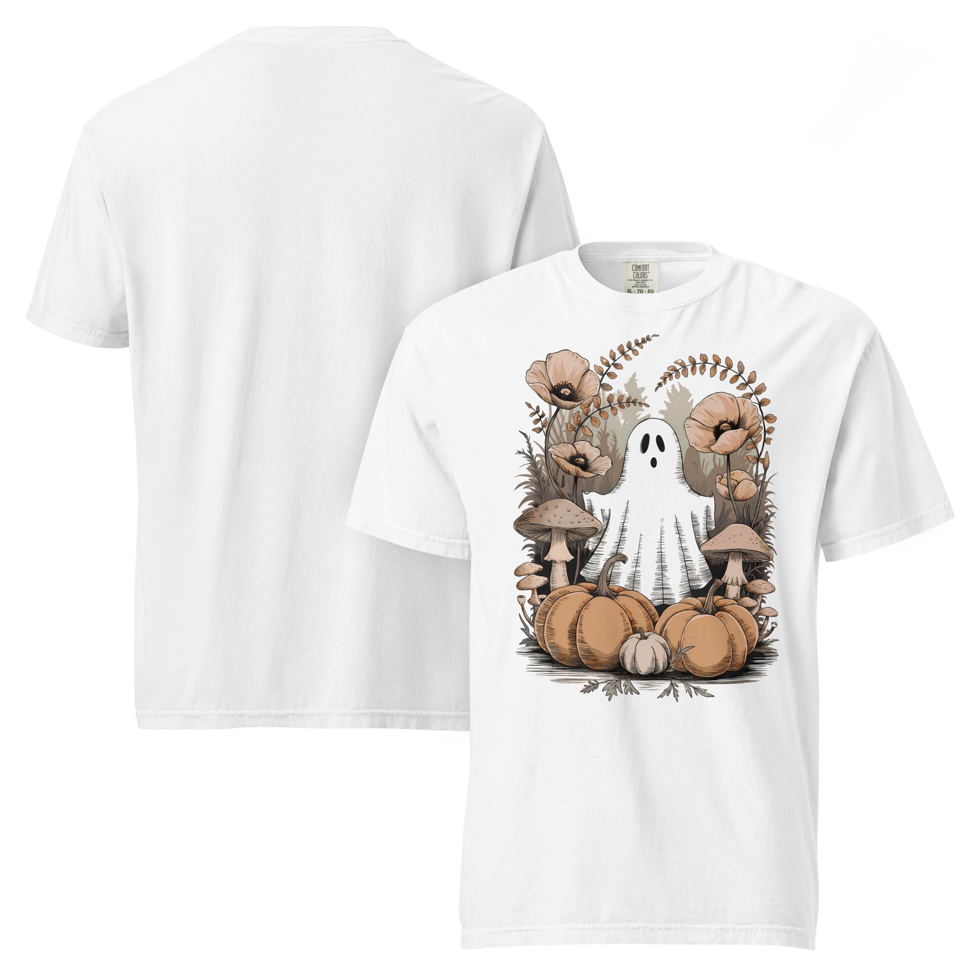 ghost pumpkin mushroom shirt, Halloween autumn t-shirt, fall ghost tee, pumpkin mushroom shirt, spooky cute t-shirt, cozy Halloween tee, autumn graphic shirt, fall mushroom tee, ghost pumpkin t-shirt, seasonal Halloween shirt, cottagecore Halloween tee, pumpkin season shirt, heavyweight cotton t-shirt, garment-dyed tee, relaxed fit Halloween shirt