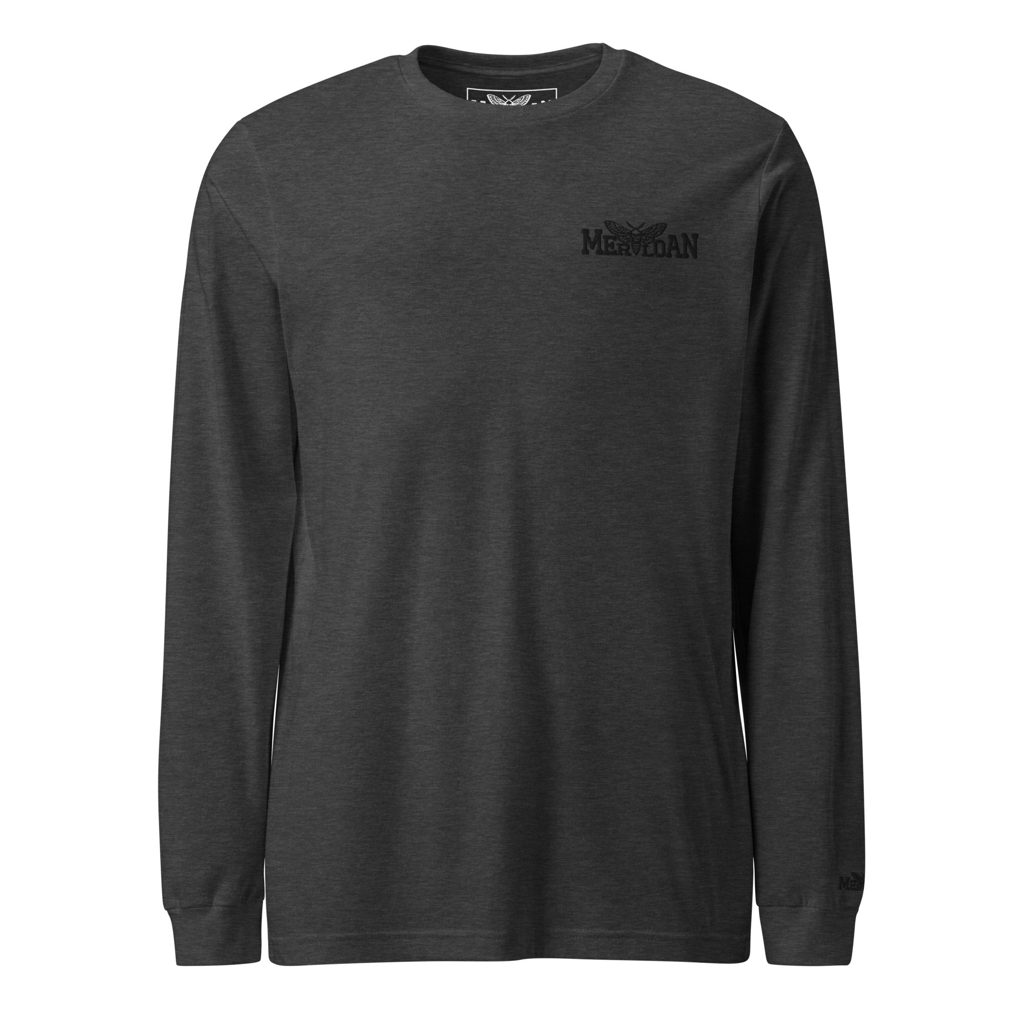 Basic Merloan long sleeve tee, unisex long sleeve shirt, cotton long sleeve t-shirt, black long sleeve tee, Merloan logo shirt, regular fit long sleeve, crew neck long sleeve shirt, soft combed cotton tee, ring spun cotton shirt, ribbed cuff long sleeve, everyday basic shirt, minimalist long sleeve tee, casual unisex clothing, alternative streetwear basic, lightweight long sleeve shirt