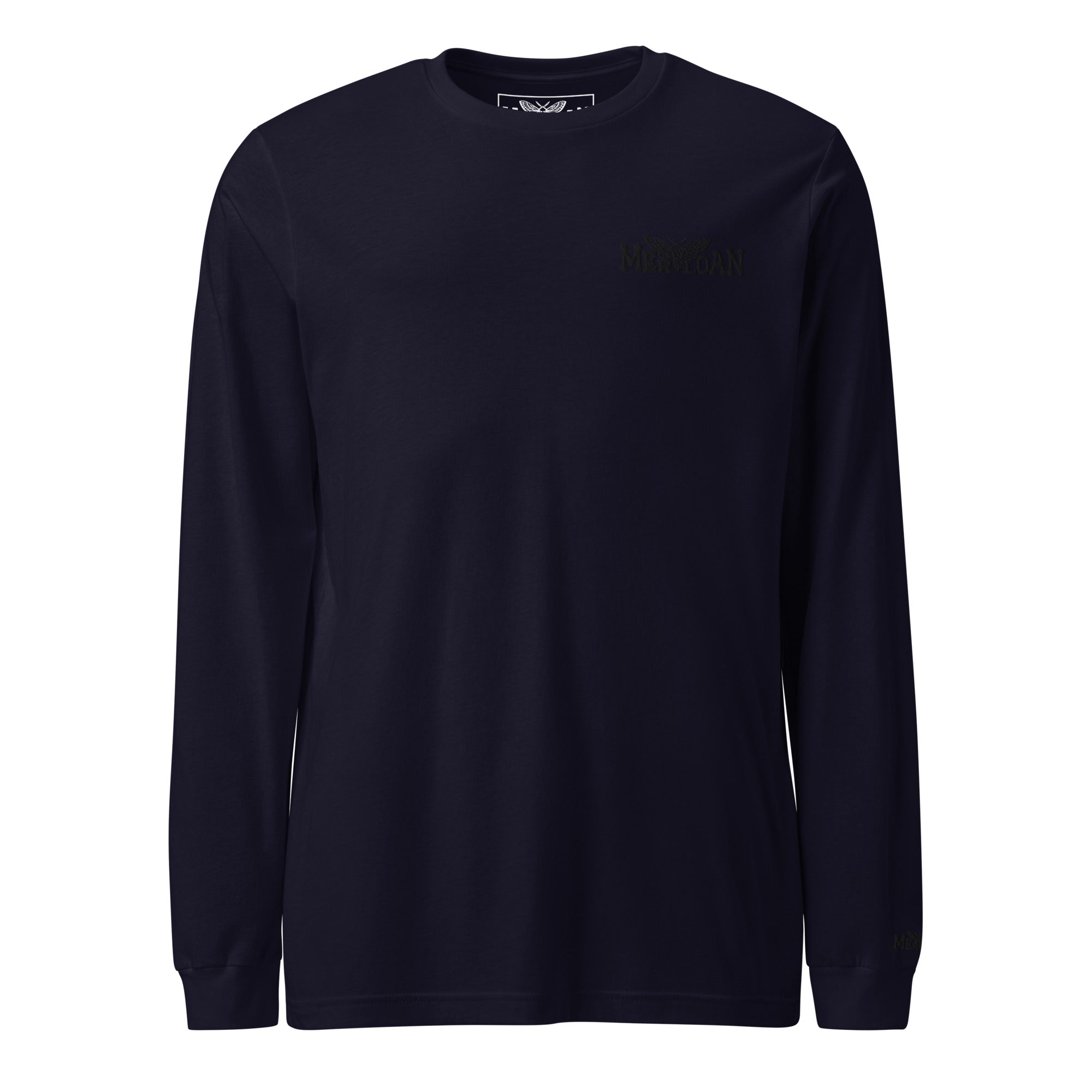 Basic Merloan long sleeve tee, unisex long sleeve shirt, cotton long sleeve t-shirt, black long sleeve tee, Merloan logo shirt, regular fit long sleeve, crew neck long sleeve shirt, soft combed cotton tee, ring spun cotton shirt, ribbed cuff long sleeve, everyday basic shirt, minimalist long sleeve tee, casual unisex clothing, alternative streetwear basic, lightweight long sleeve shirt