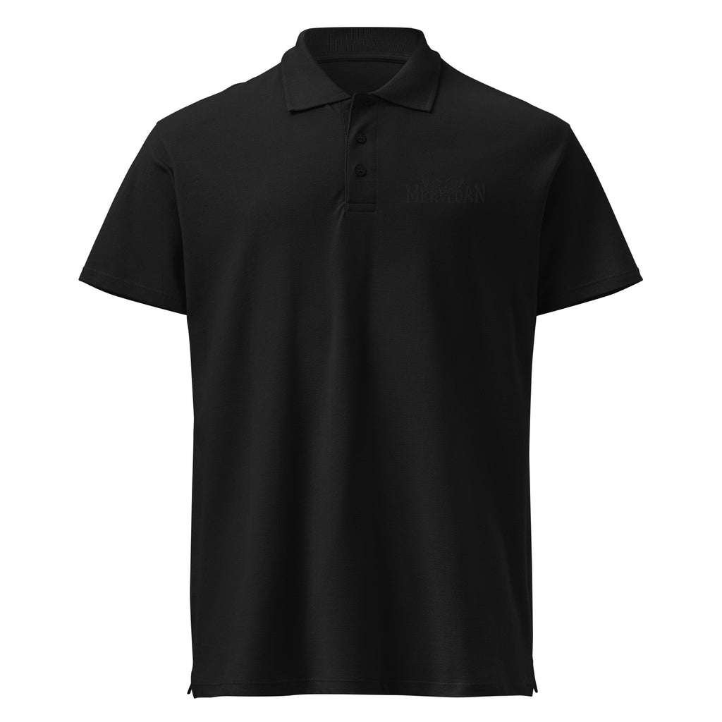 black polo shirt, embroidered logo polo, tonal logo polo shirt, black on black embroidery, Merloan polo shirt, men’s black polo, alternative men’s fashion, rock style polo shirt, premium embroidered polo, subtle chest logo shirt, minimalist black polo, smart casual alternative outfit, gothic polo shirt, rock inspired menswear, black piqué polo, urban alternative clothing, monochrome men’s fashion, casual business polo, alternative business casual, premium black shirt, understated logo polo, dark fashion bas