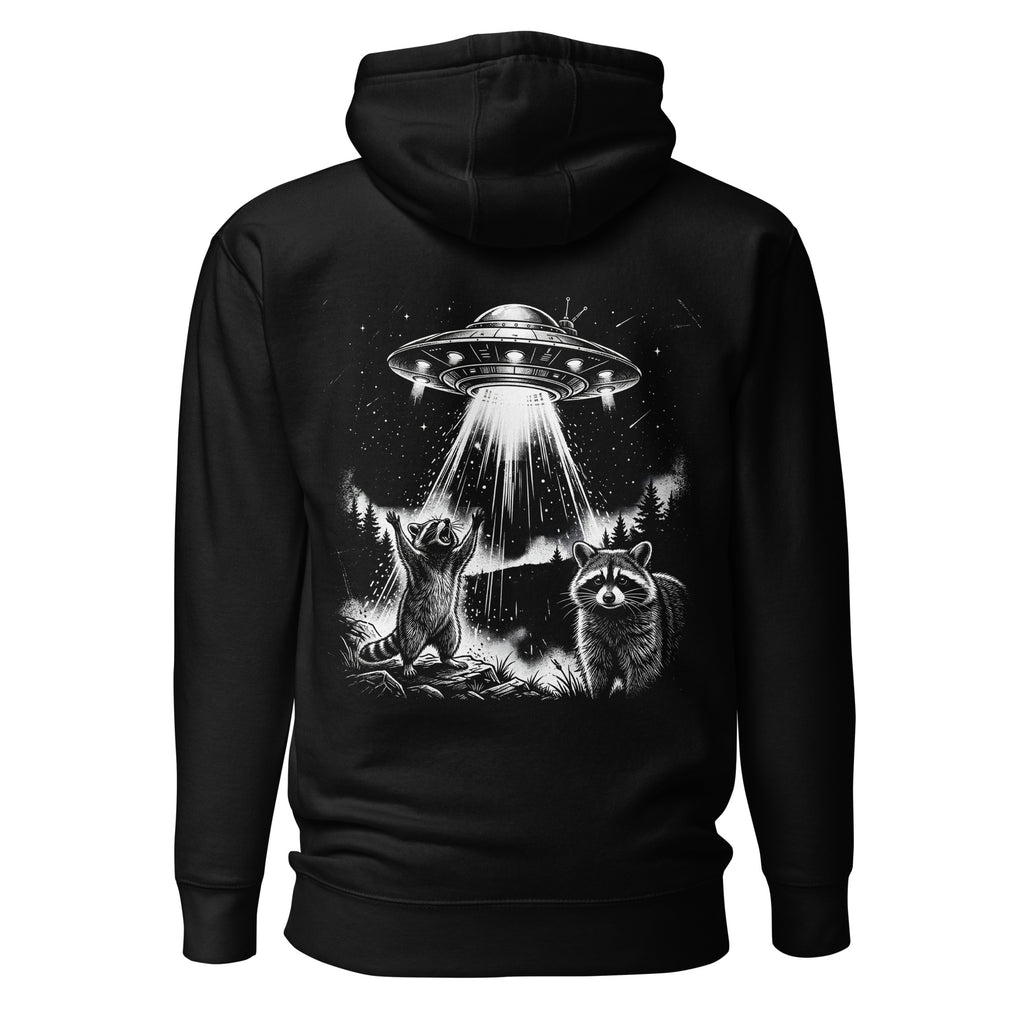 raccoon UFO hoodie, alien raccoon hoodie, space raccoon sweatshirt, UFO graphic hoodie, funny alien hoodie, sci-fi animal hoodie, cosmic raccoon design, abducted raccoon hoodie, space lover sweatshirt, alien fan hoodie, quirky space hoodie, pouch pocket hoodie, warm hood sweatshirt, cozy streetwear hoodie, Merloan raccoon hoodie
